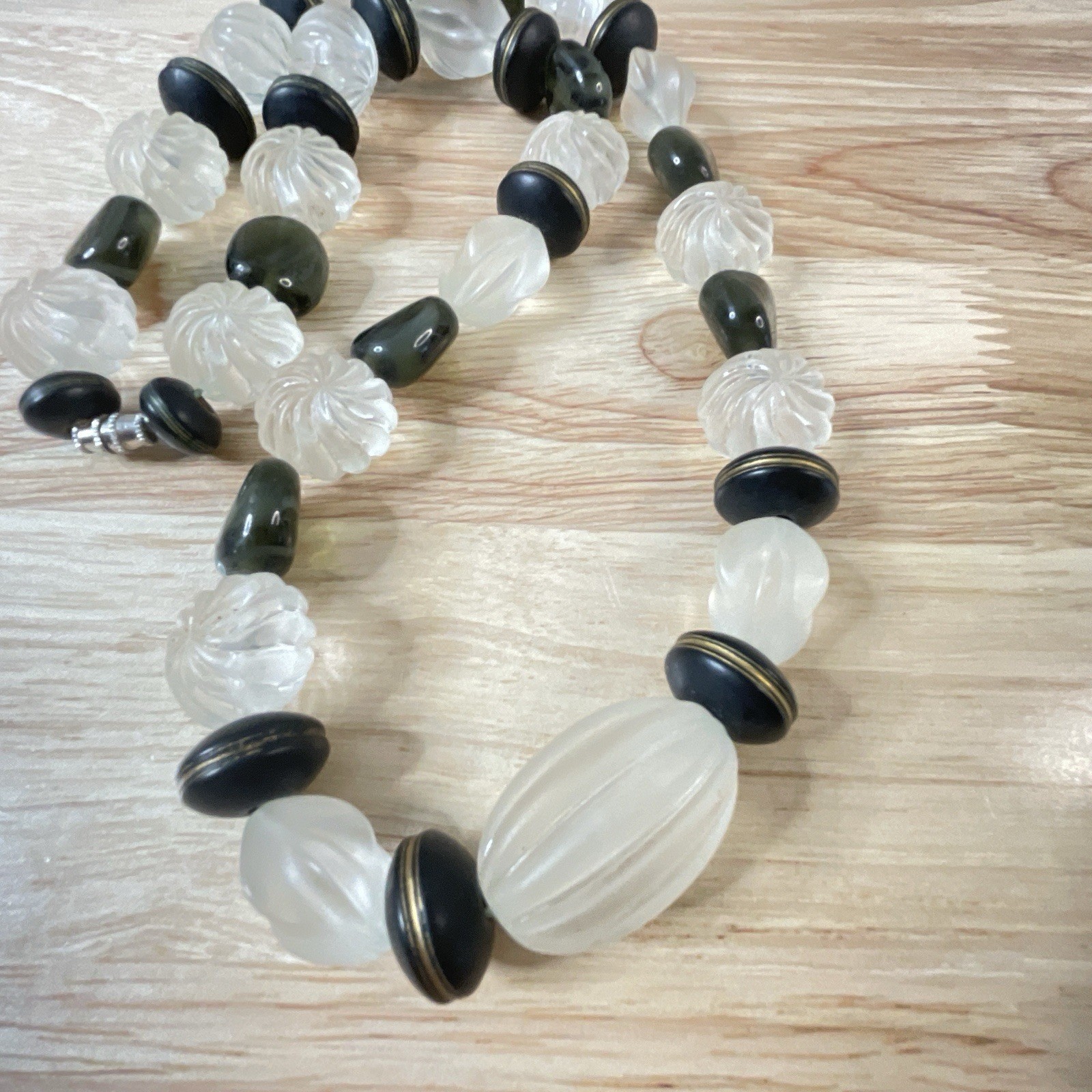 Vintage Frosted Lucite Bead Necklace Black Wood & Glass Chunky Retro 1980s 25″