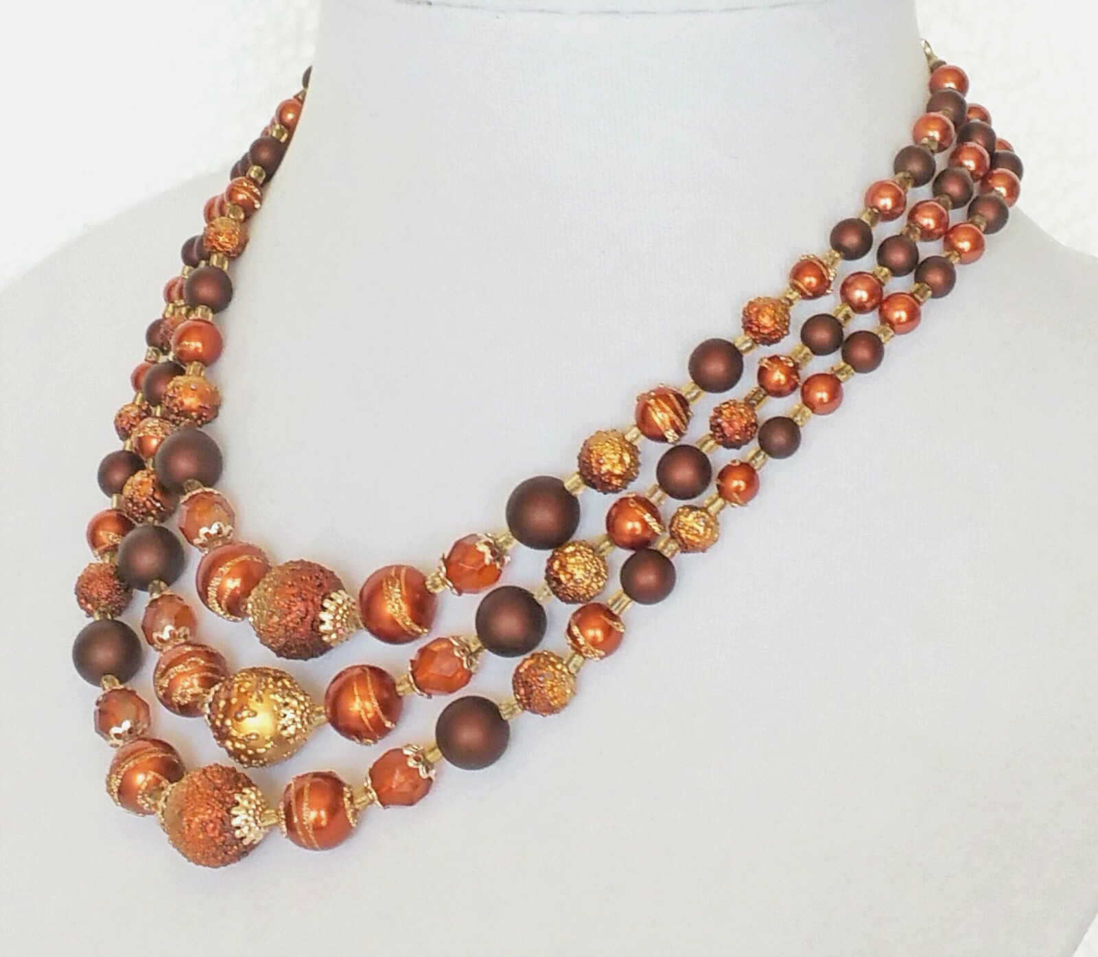 Vintage Womens Necklace Bronze Copper Gold Tone Beads Art Deco 3 Strands