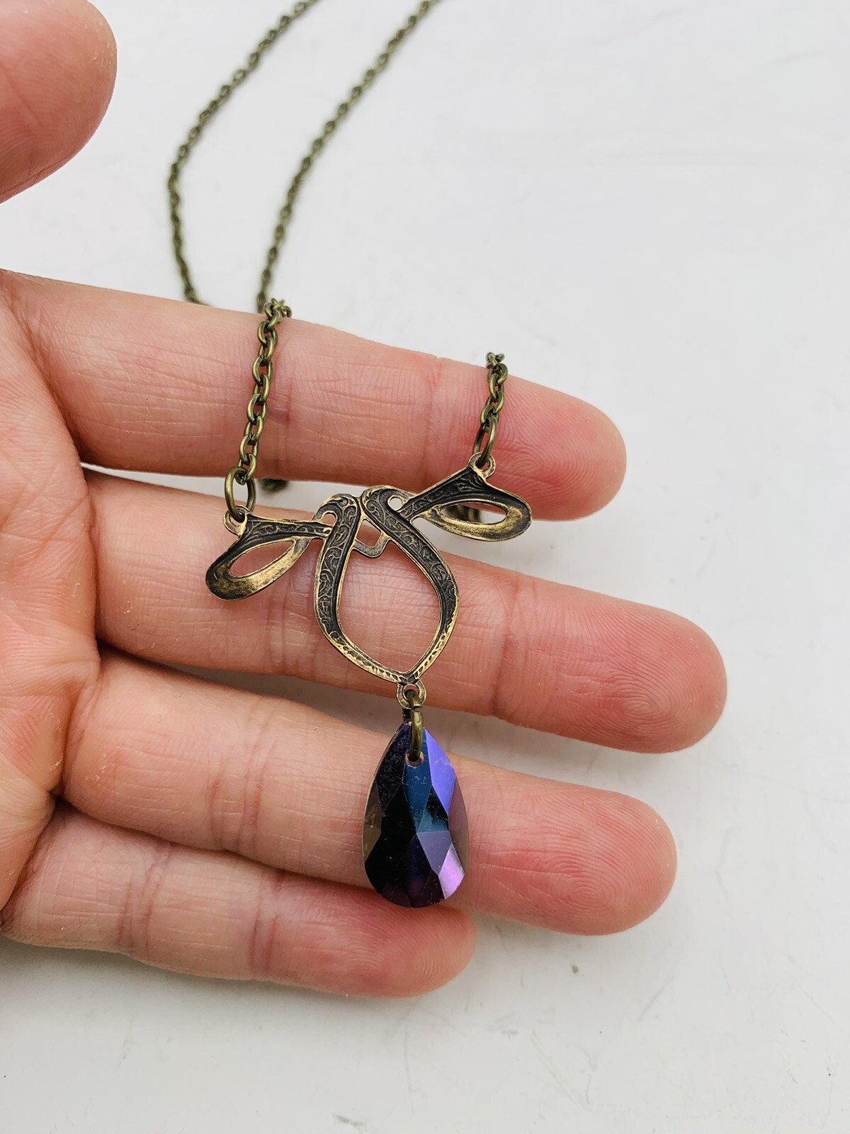 Vintage Style Art Nouveau Bronze Tone Rainbow Teardrop Bead 18 in Necklace