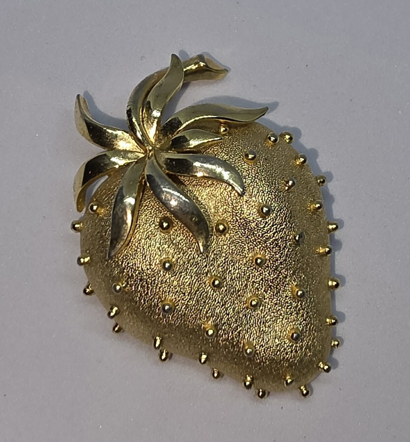 Vintage Crown Trifari Strawberry Brooch Textured Gold Finish