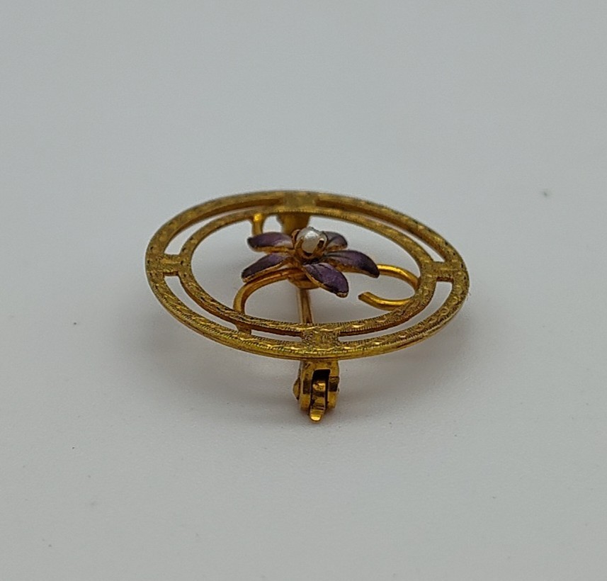 Vintage 10K Yellow Gold Circle Blue Flower Purple Violet Pearl Brooch Pin Lapel