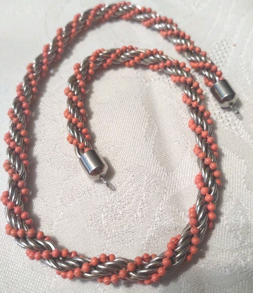 vintage faux coral bead silver tone twist choker 17.5 in