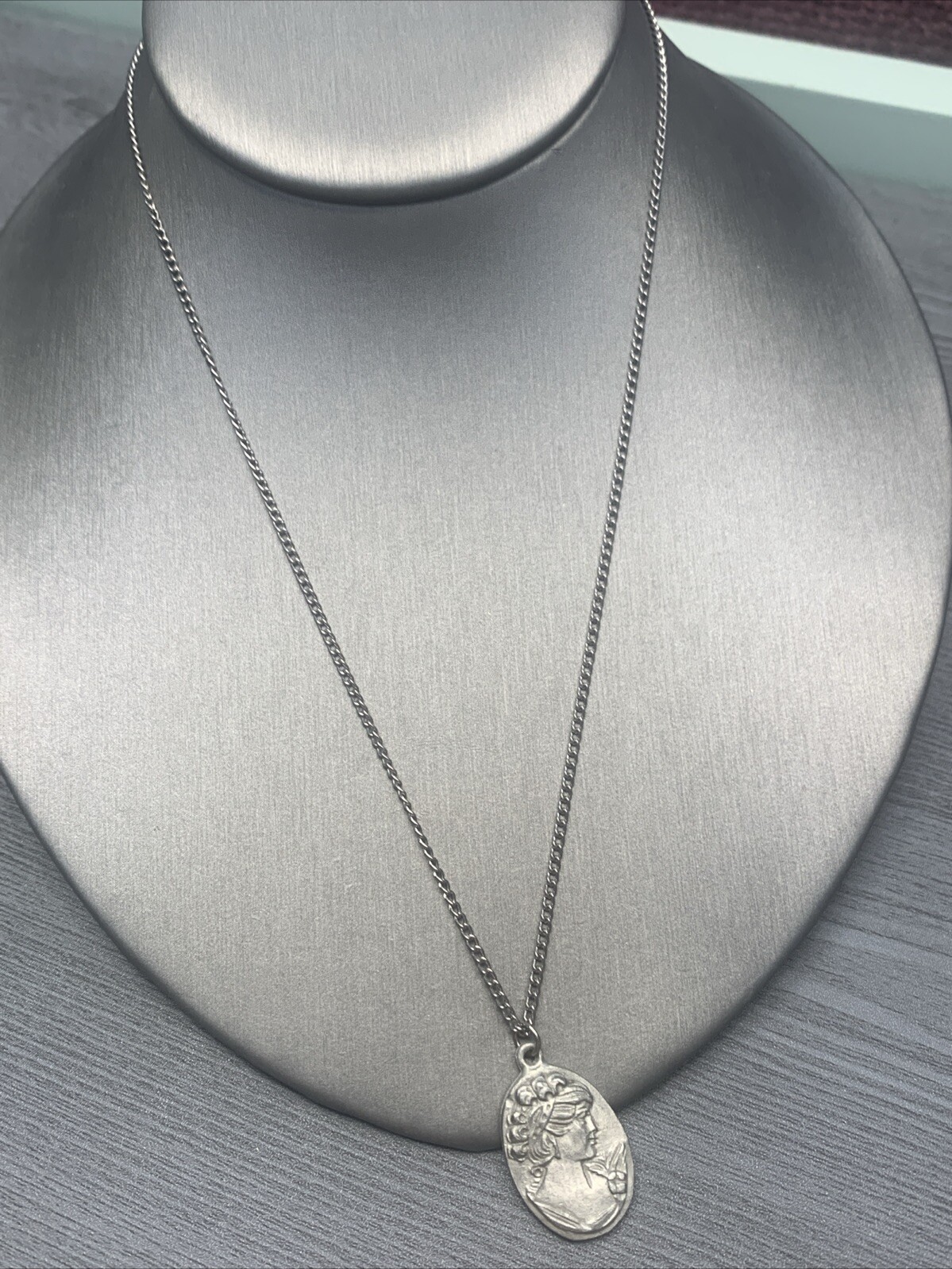 Vintage Pewter BDA First Cameo Hand Engraved Pendant Necklace 18”
