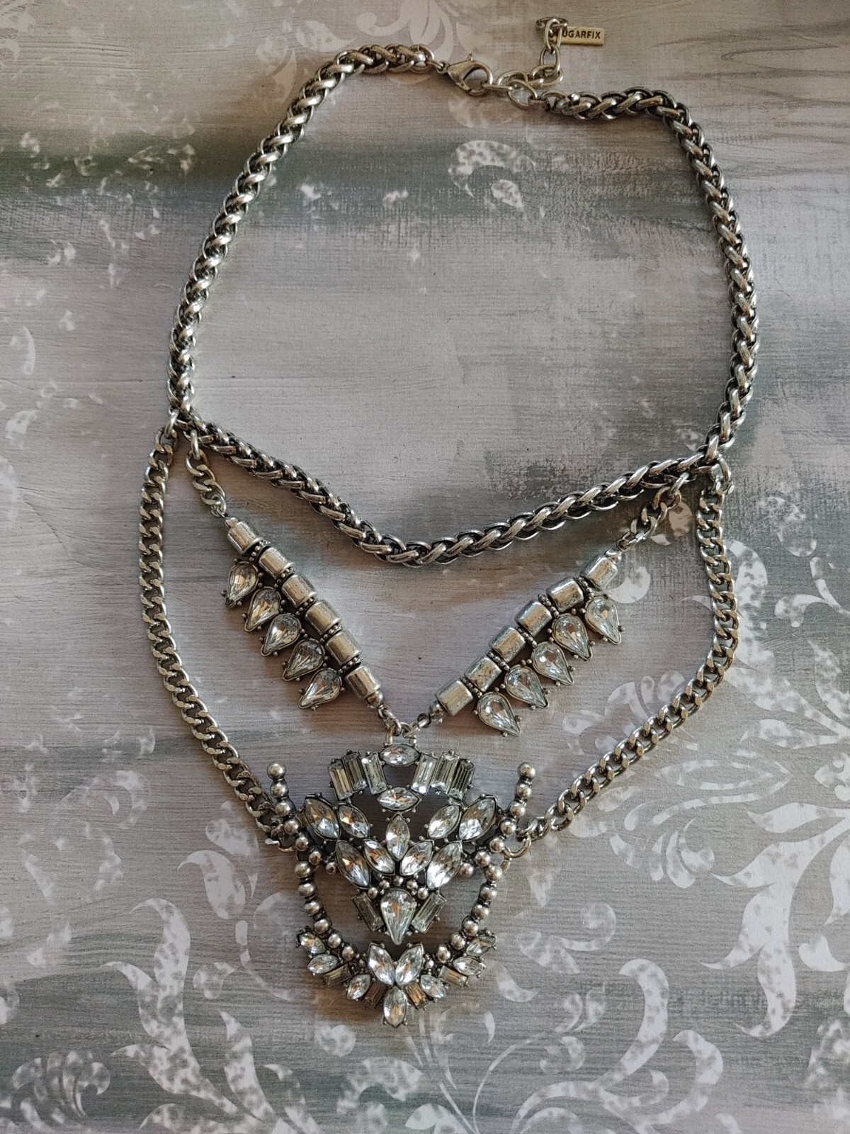 Vintage necklace silver metal chain acrylic rhinestone bib signed Sugarfix
