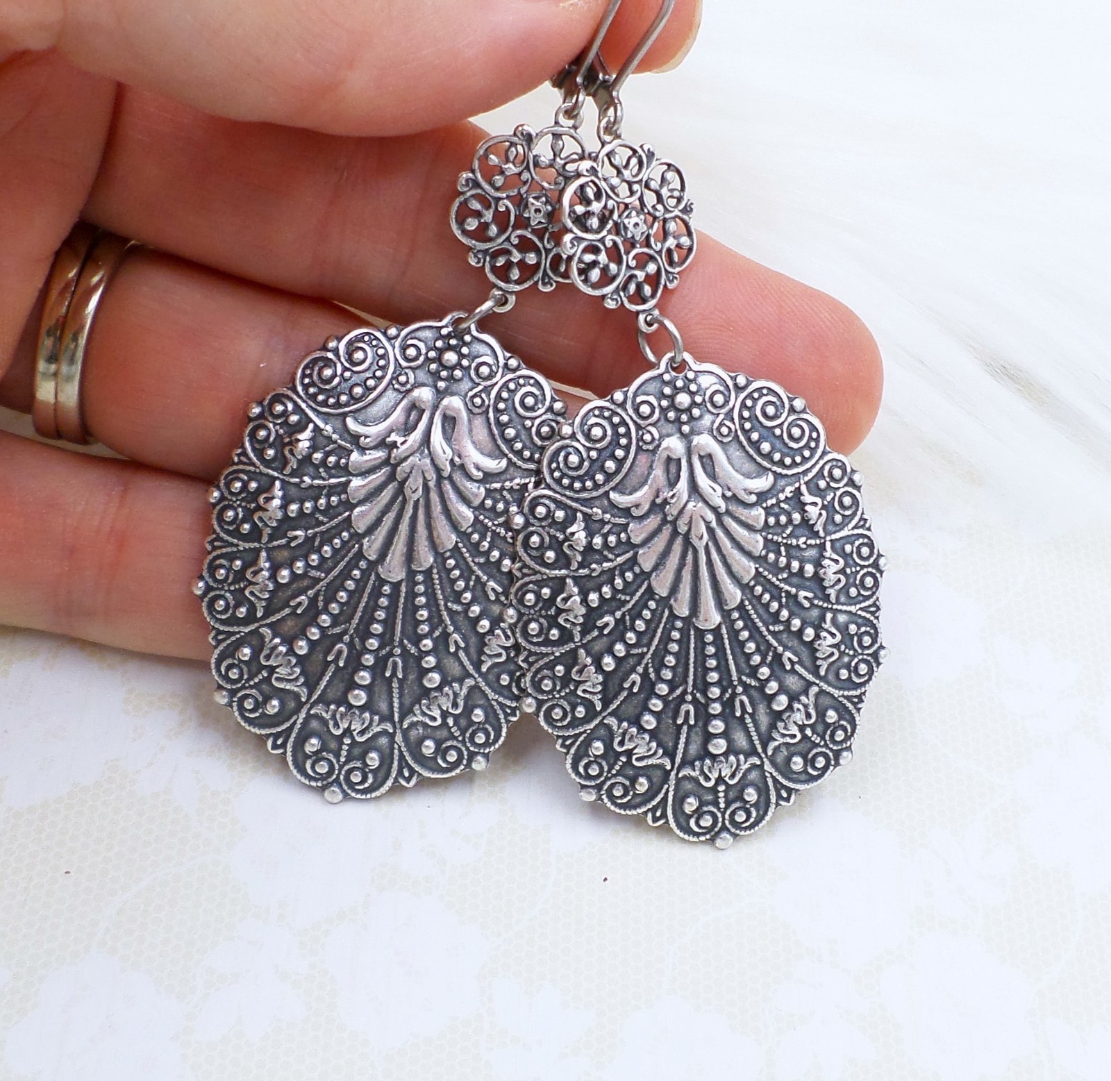 Large Antique Silver Filigree Statement Earrings, Bohemian Ethnic Style Jewelry