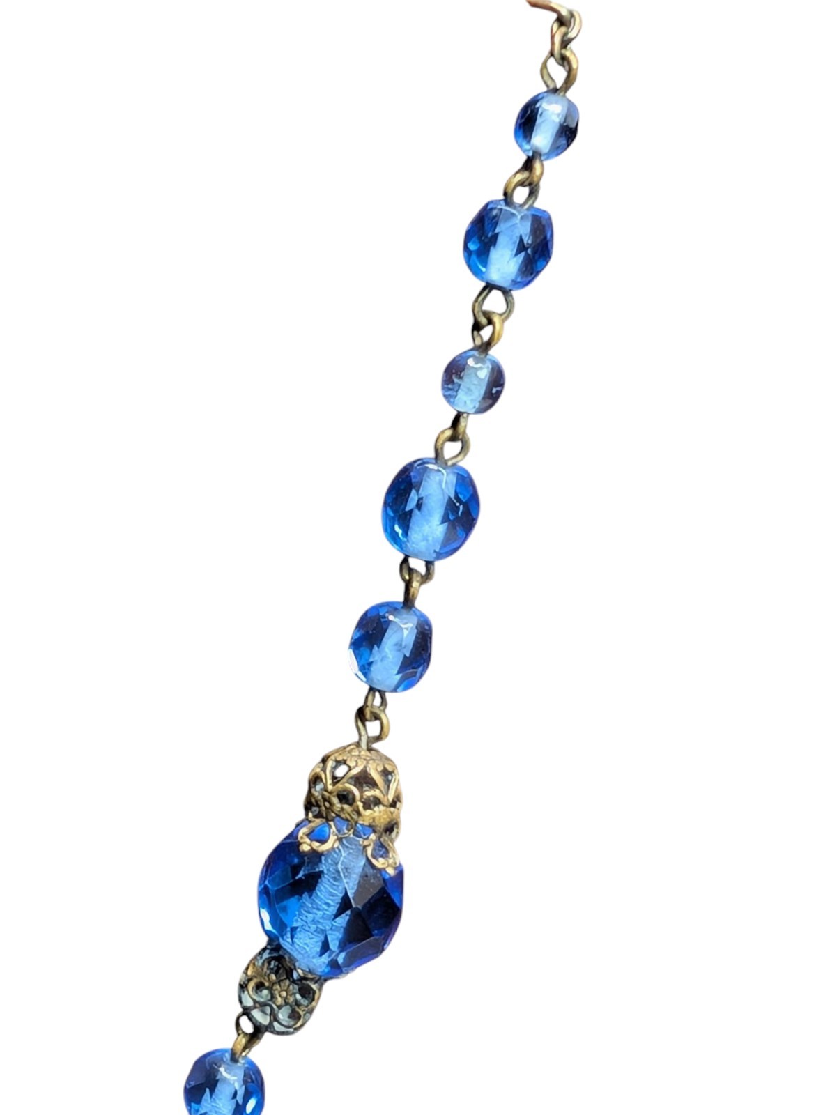 Czech Glass Necklace Blue Lozenge Art Deco Drop Pendant Faceted Filigree