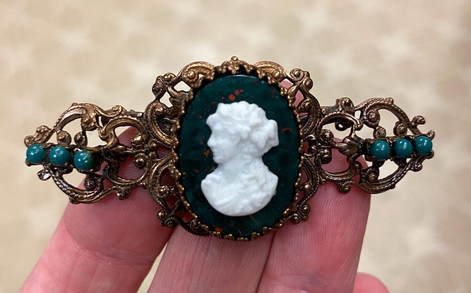 Vintage Bloodstone Green Beads White Cameo Filigree Copper T. Pin Brooch EXC!