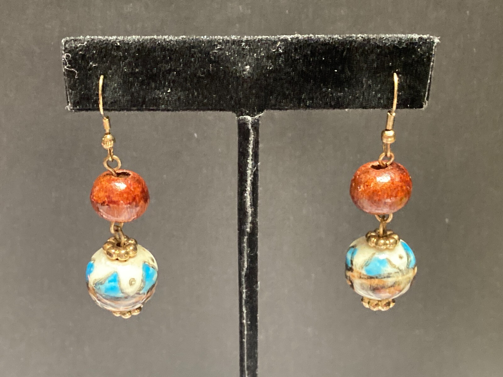 M Style Lab Vintage Fashion Hand Painted Ceramic & Wood Bead Dangle Earrings