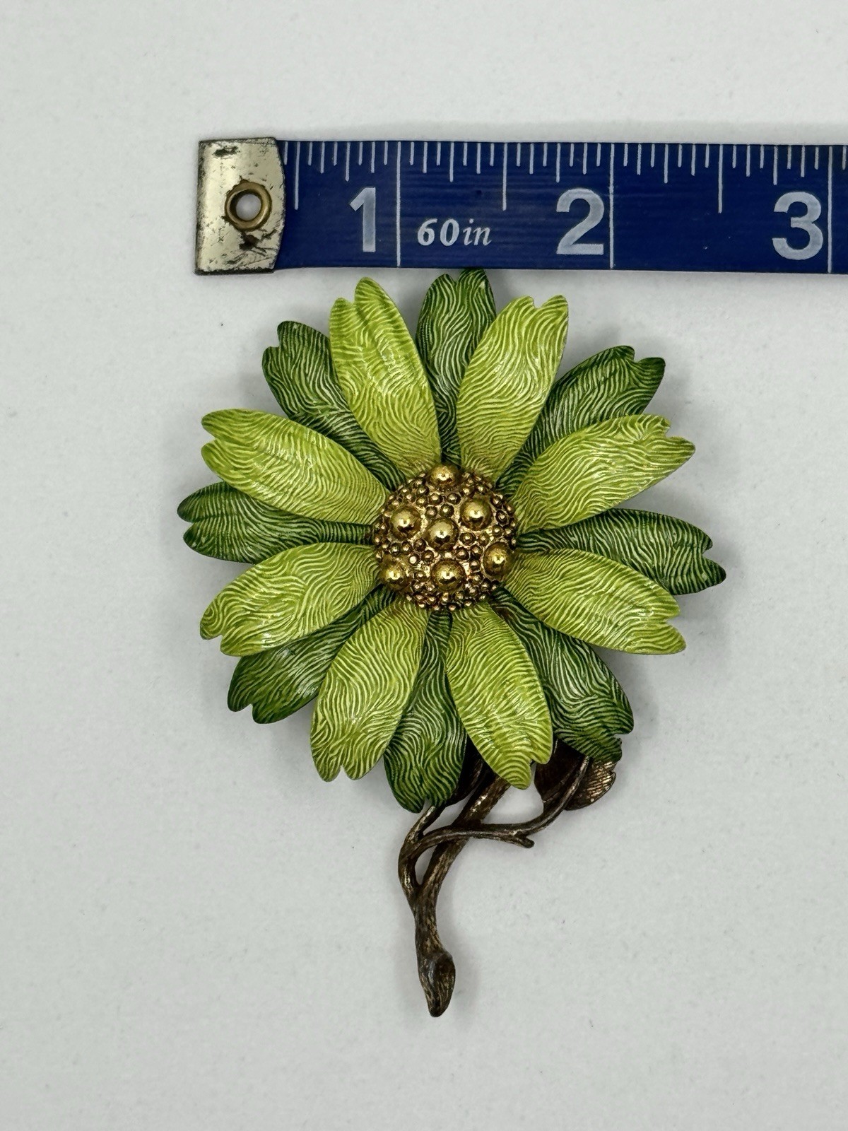 Vintage Hedy Enamel Daisy Brooch Green Layered Flower Pin 1950s 1960s