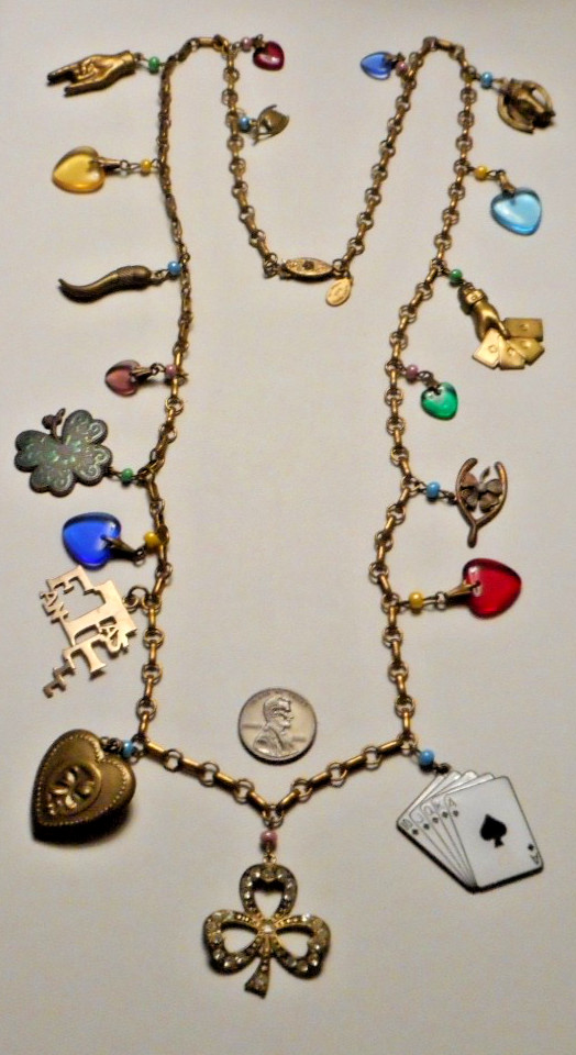Vintage Glass Works Studio Brass Chain Necklace w 19 assorted Charms 30″ L