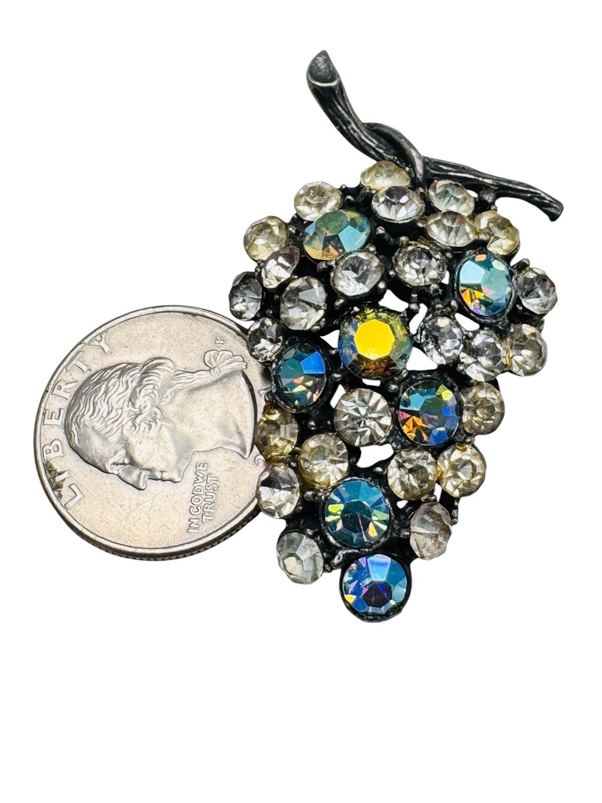 Vintage AB Rhinestone Grape Cluster Brooch Pin Silver Tone