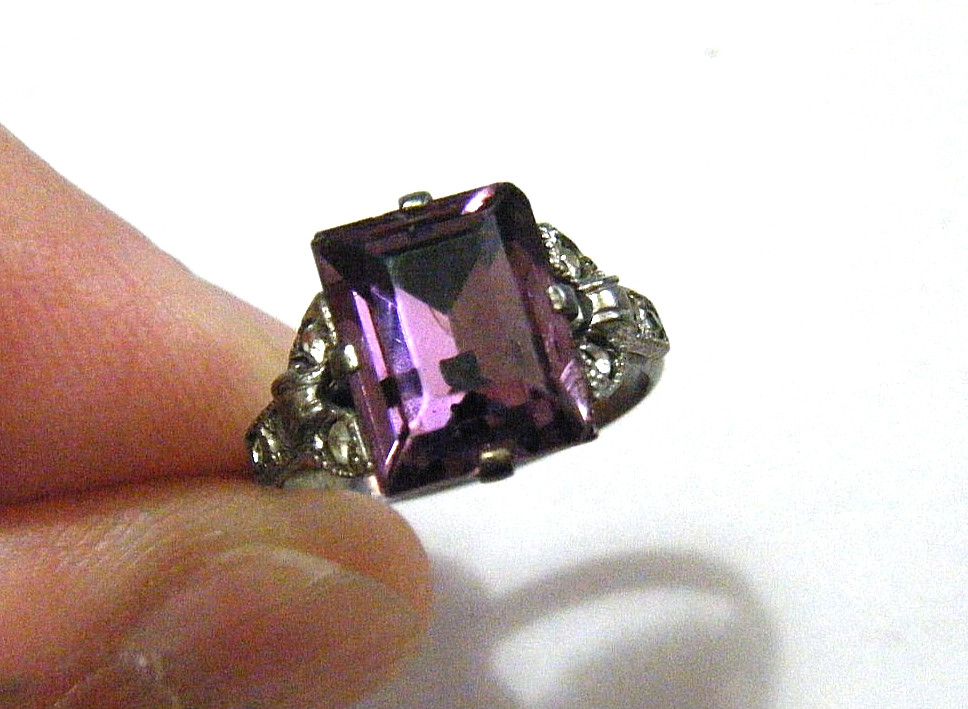 Vintage 30s Cushion Cut Amethyst Crystal Carl Art Deco Sterling Silver Ring sz 5