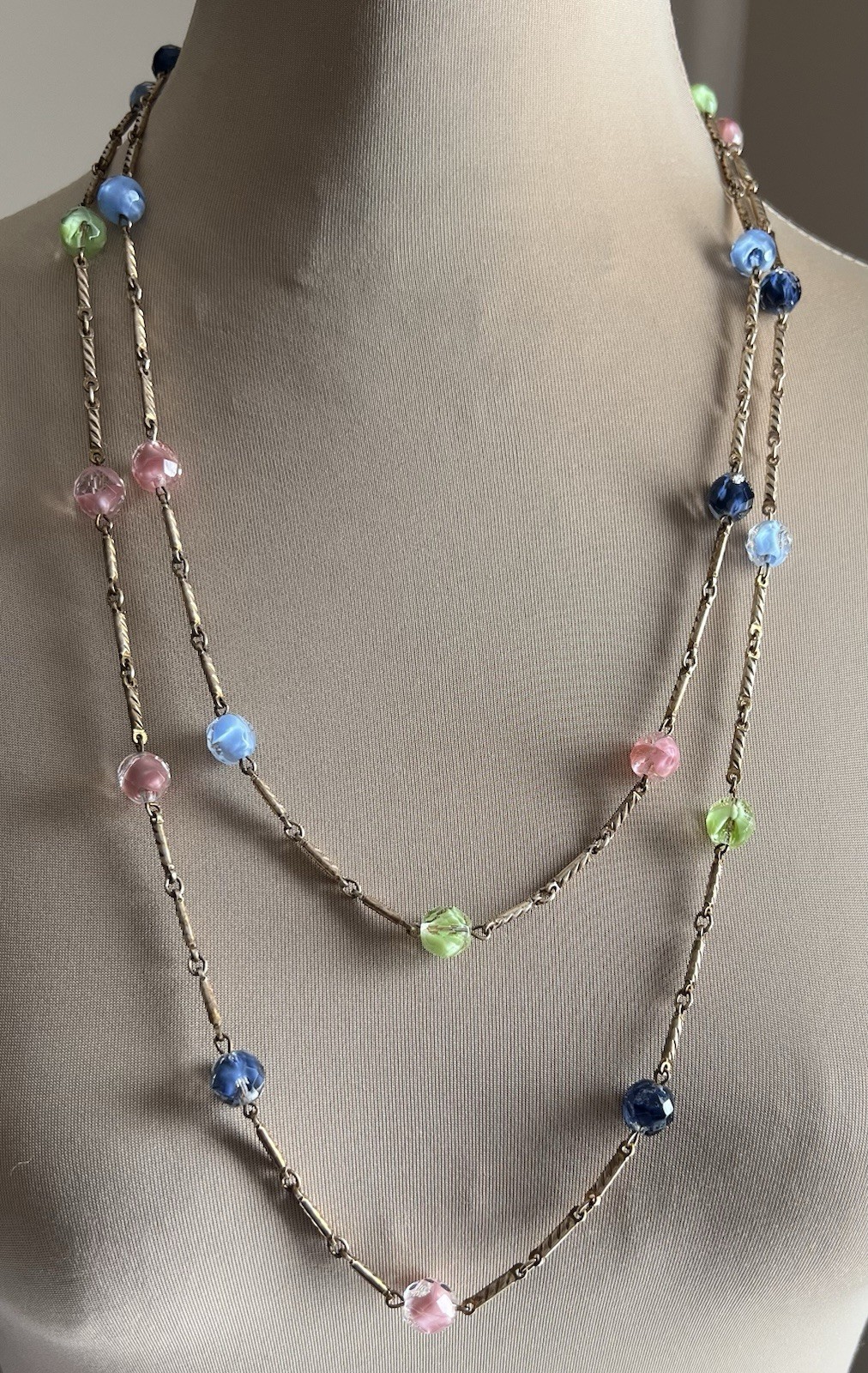 Vintage Gold Tone Textured Bar Link Chain 54” Long Multicolored Station Necklace