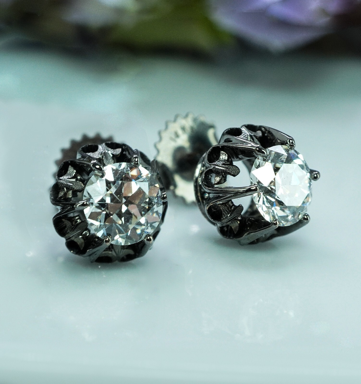Antique Old European cut Diamond Stud Solitaire Earrings 14K Gold 1.1ct