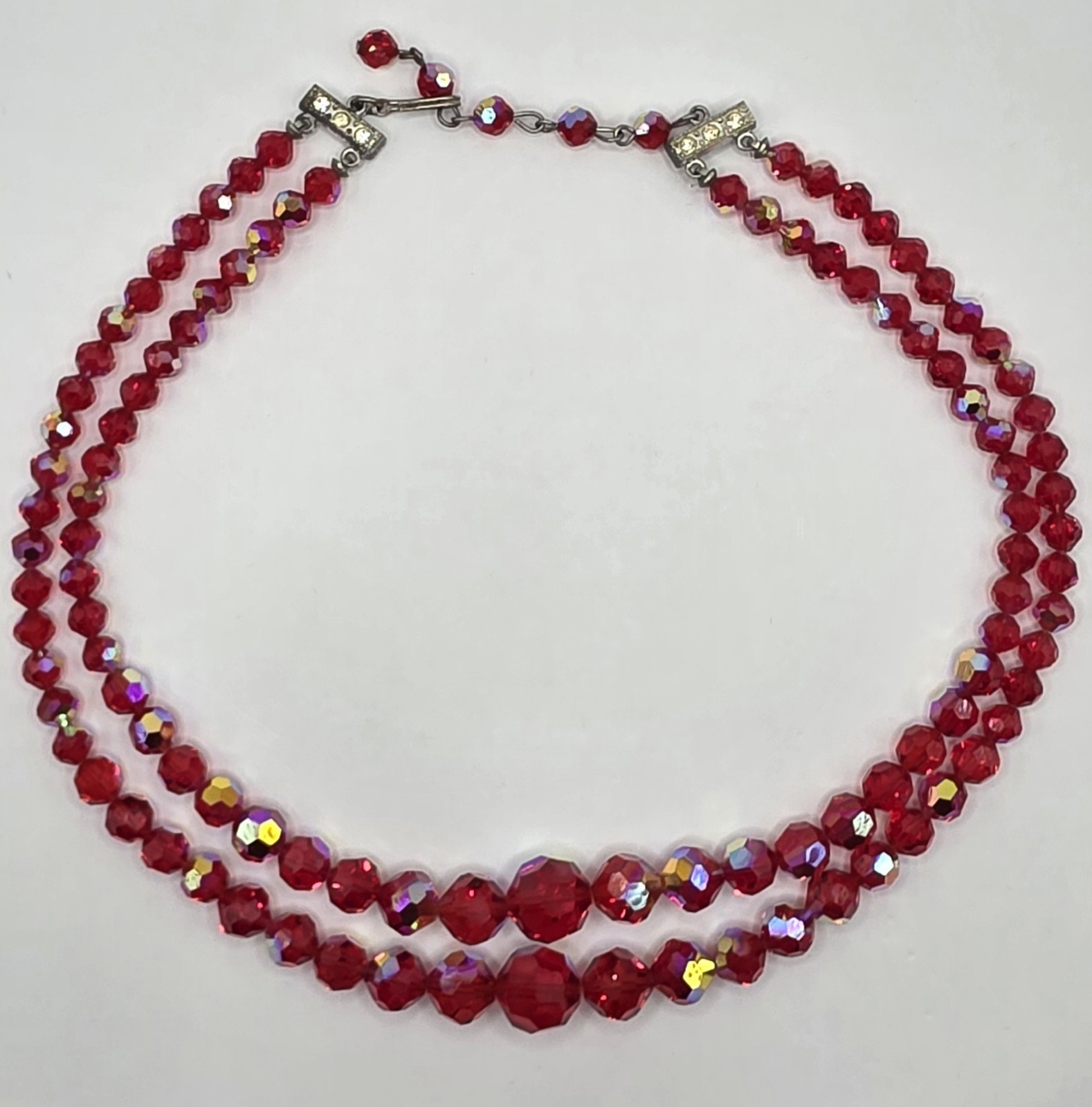 Vintage Red AB Glass Crystal Choker Necklace 2 Strand Faceted 16.5 With Extender