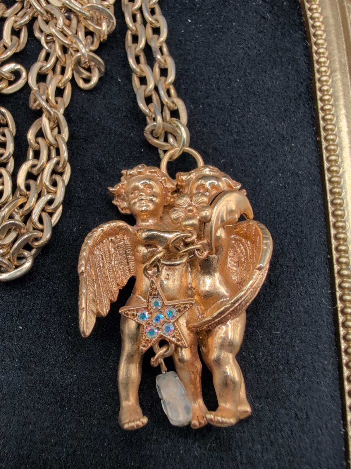 Vintage Kirks Folly Double Cherub WithStar Charm Necklace Gold Tone