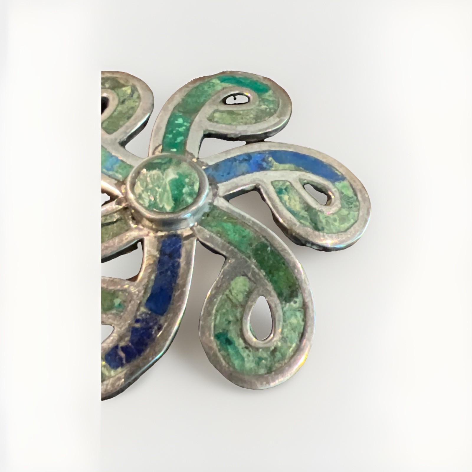 Taxco Sterling Silver Los Castillo Turquoise Malachite Lapis Swirl Brooch Pin