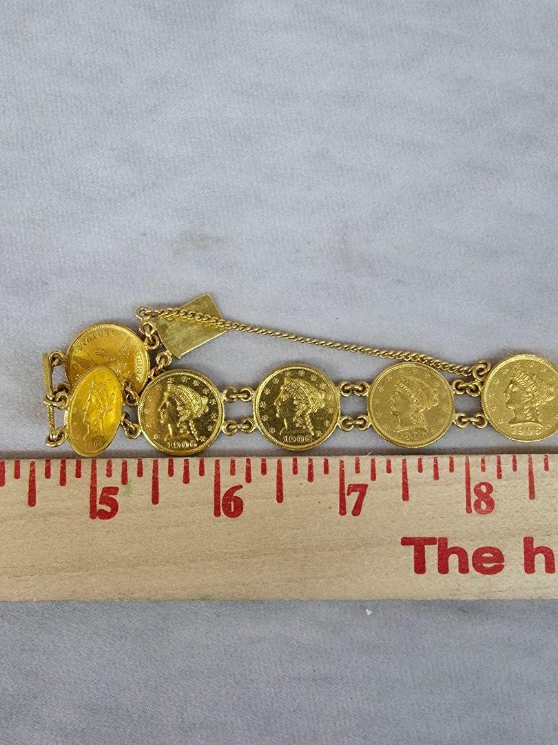 7 Coin 1906 Liberty Head Quarter Eagle 22k 2.50 Dollar Gold Chain Link Bracelet