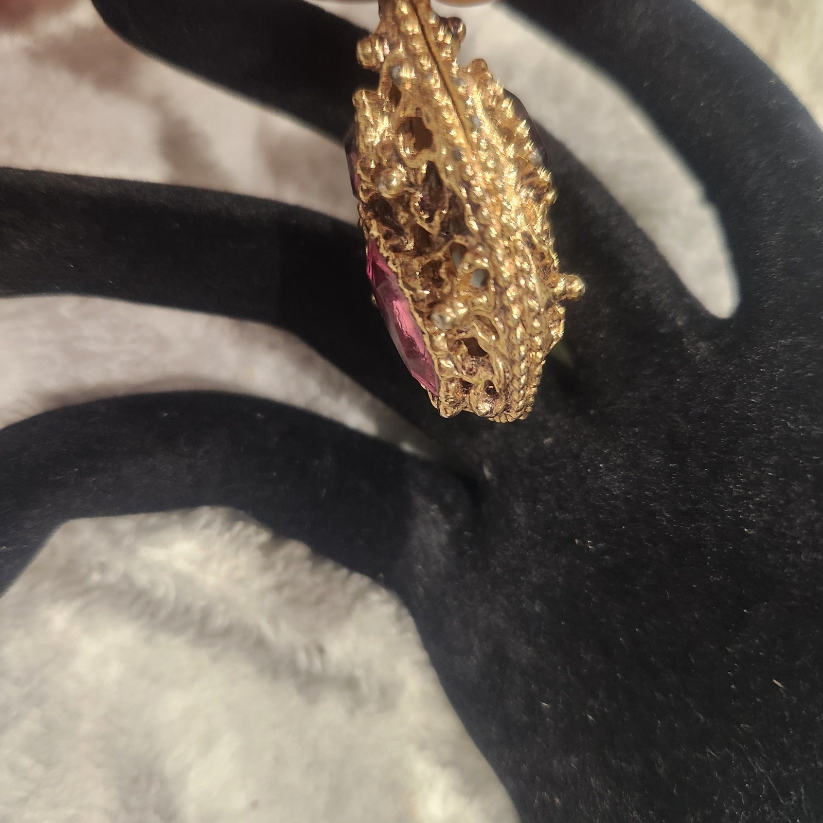Vintage Gold Tone Filigree Teardrop Pendant Pink Purple Marquise Rhinestone