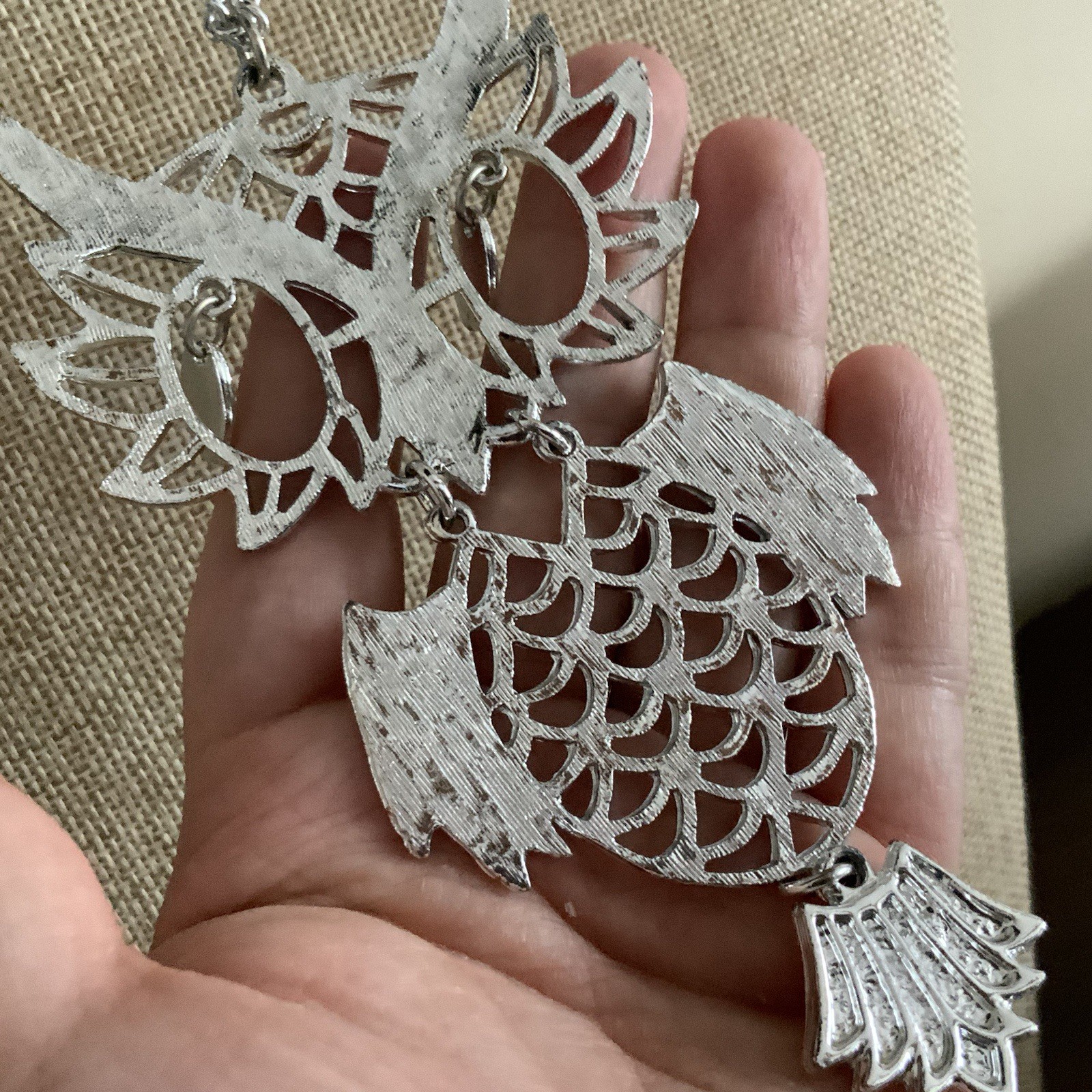 Vintage 60s silver tone articulated owl link necklace