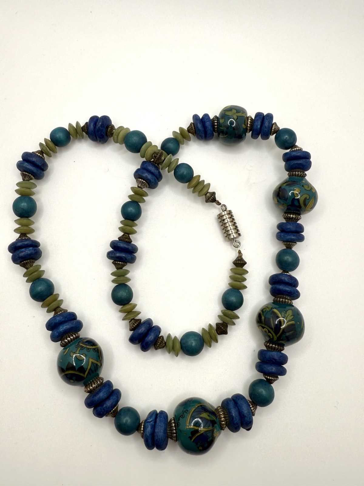 Vintage Beaded Necklace Teal Blue Ceramic Wood Barrel Closure 28” Handcrafted