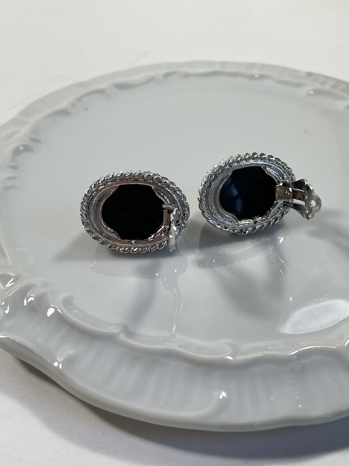 Vintage 80s Signed Les Bernard Clip on Earrings Black with Silver Tone edges