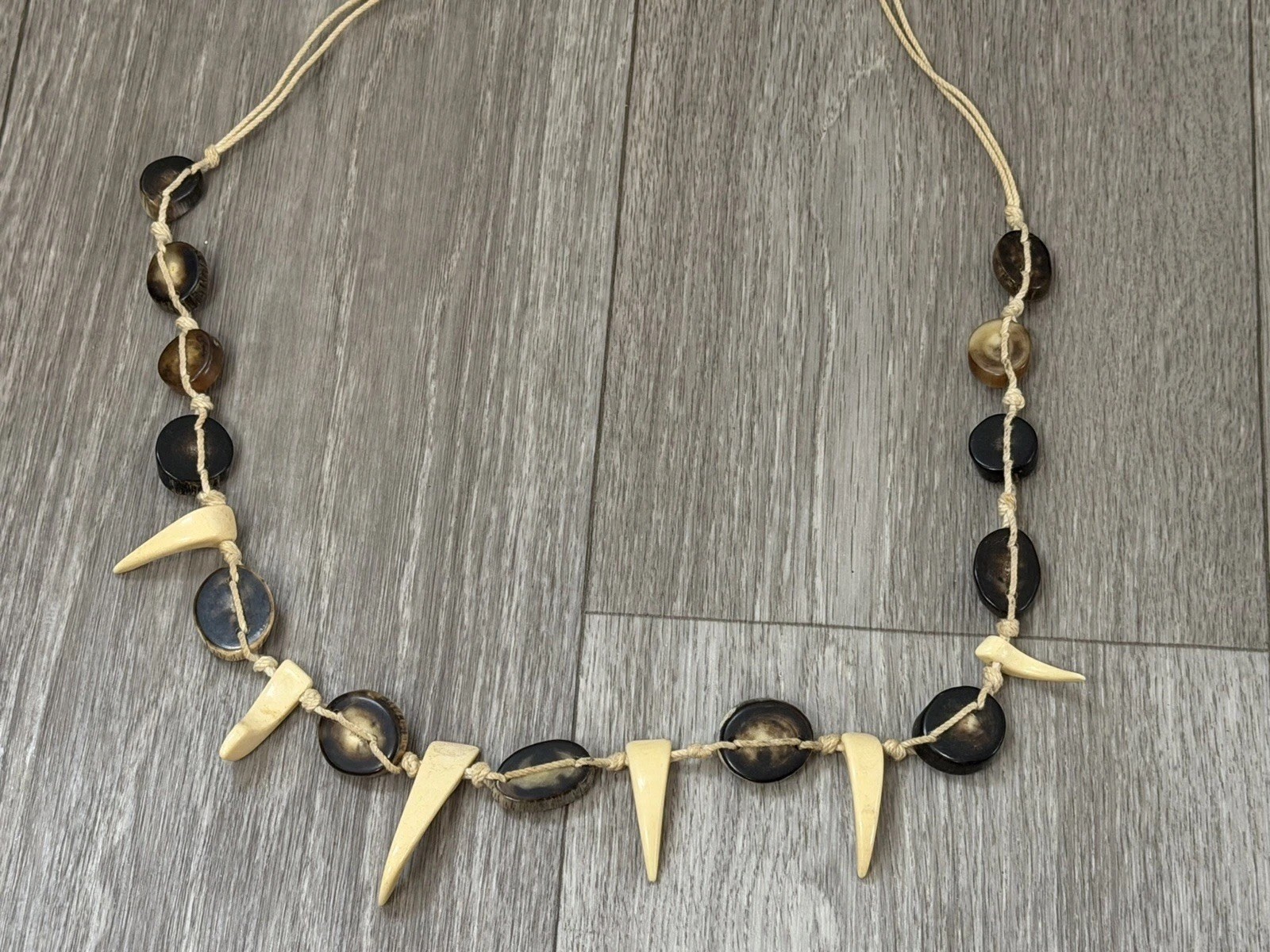 Vintage Handmade Knotted Carved Shell Boho Tribal Necklace