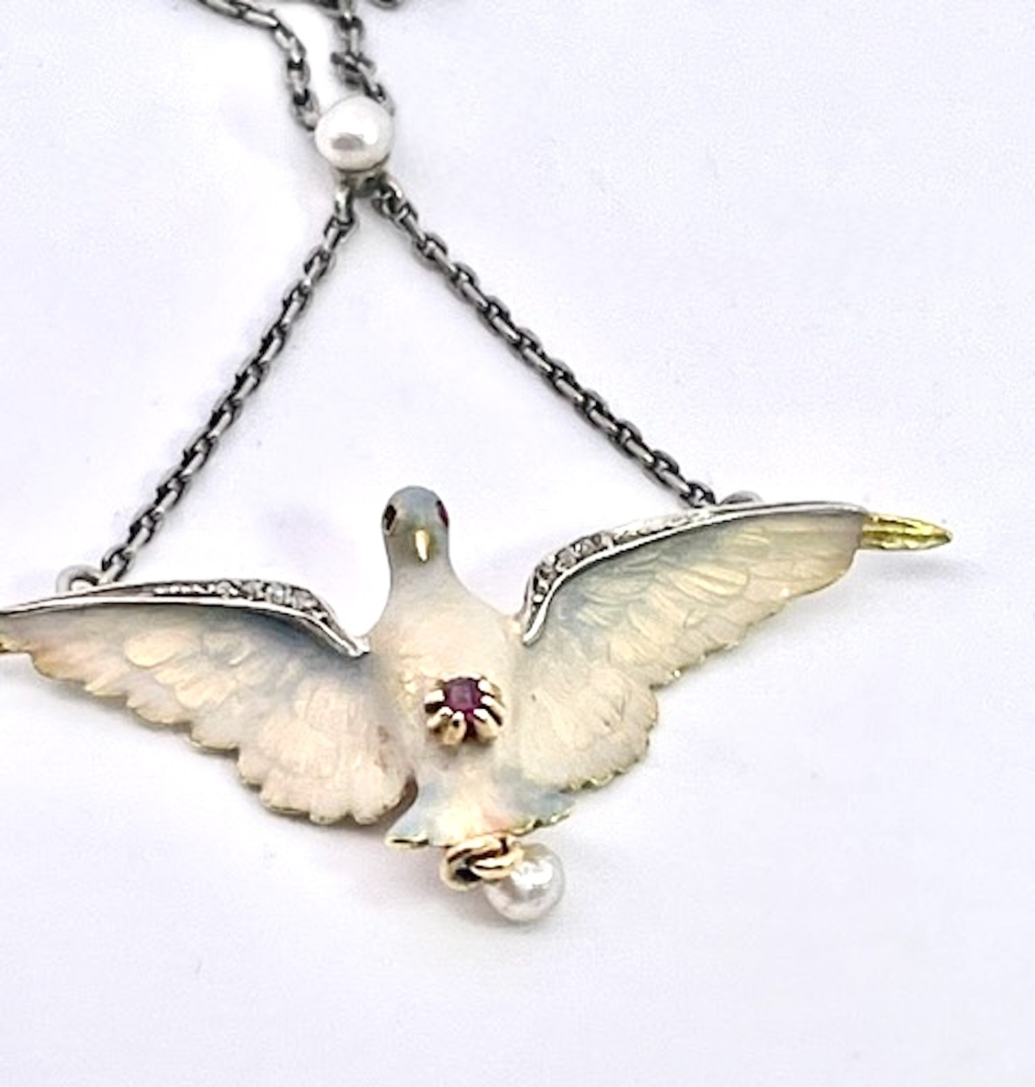 18K Enamel Dove on a Platinum Chain 17″ long