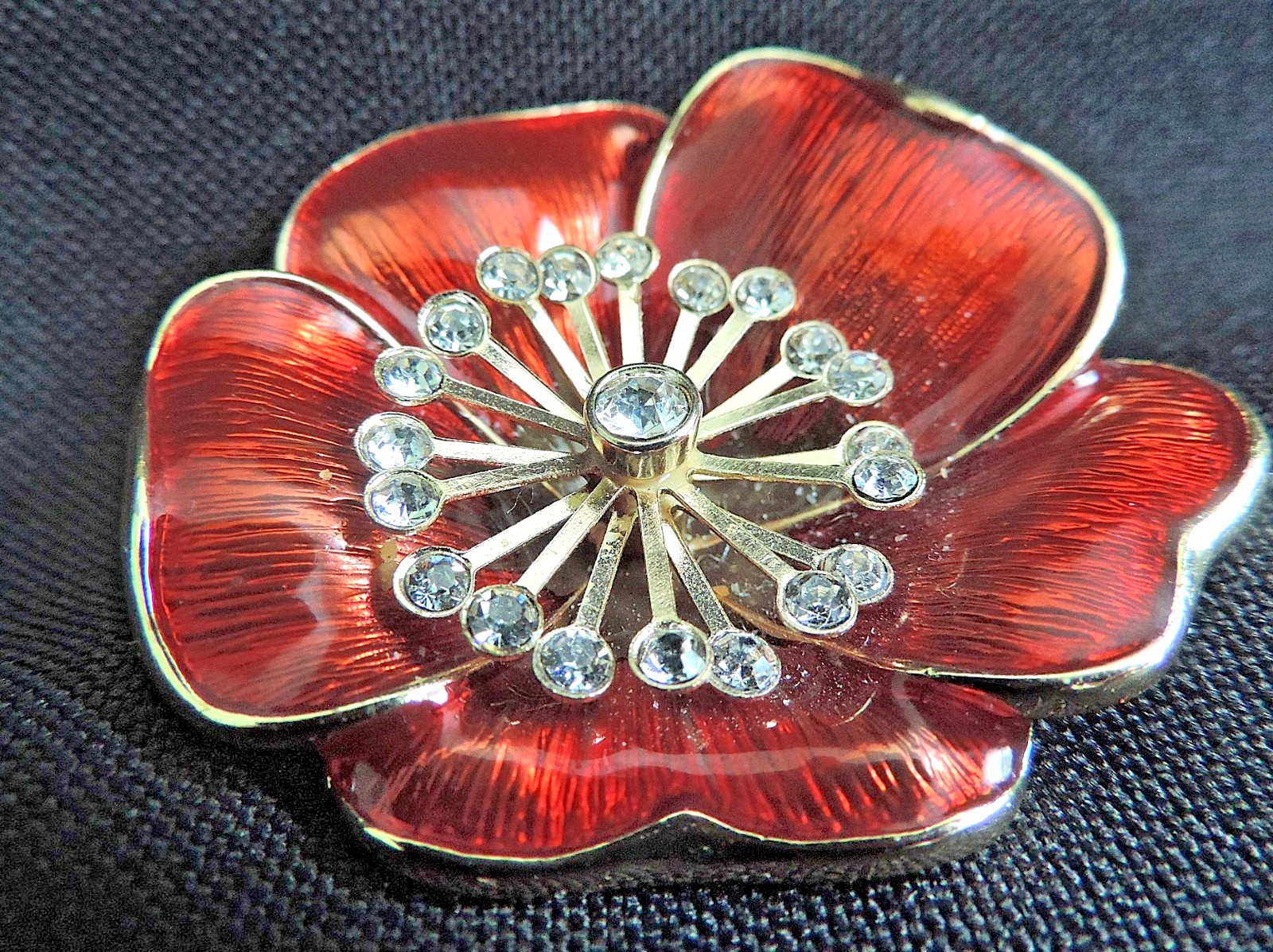Vtg Red Poppy Flower Brooch Enamel Guilloche Rhinestone Unbranded Monet?
