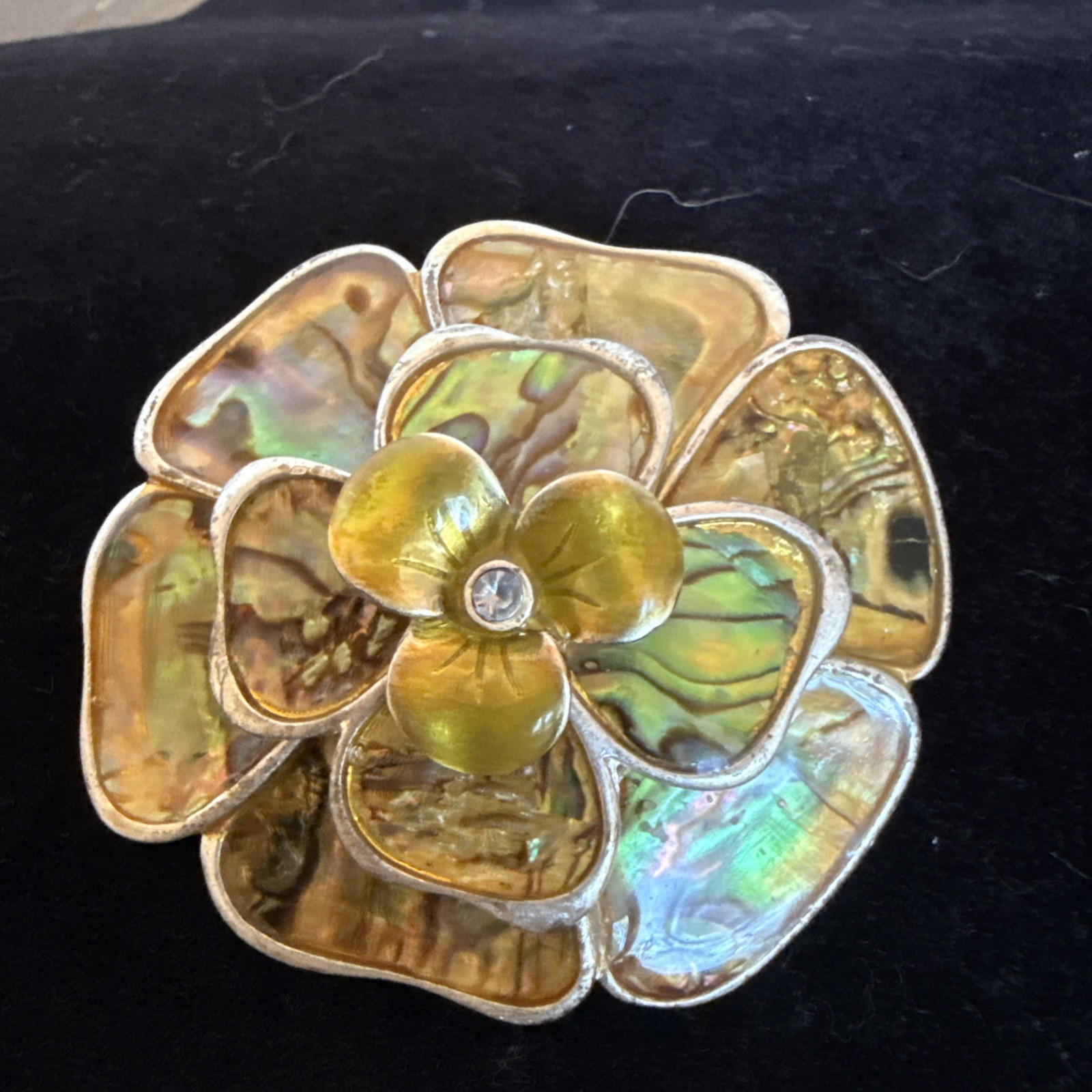 VTG MCM 3-D Abalone multi layer flower brooch Silver tone metal (2″)