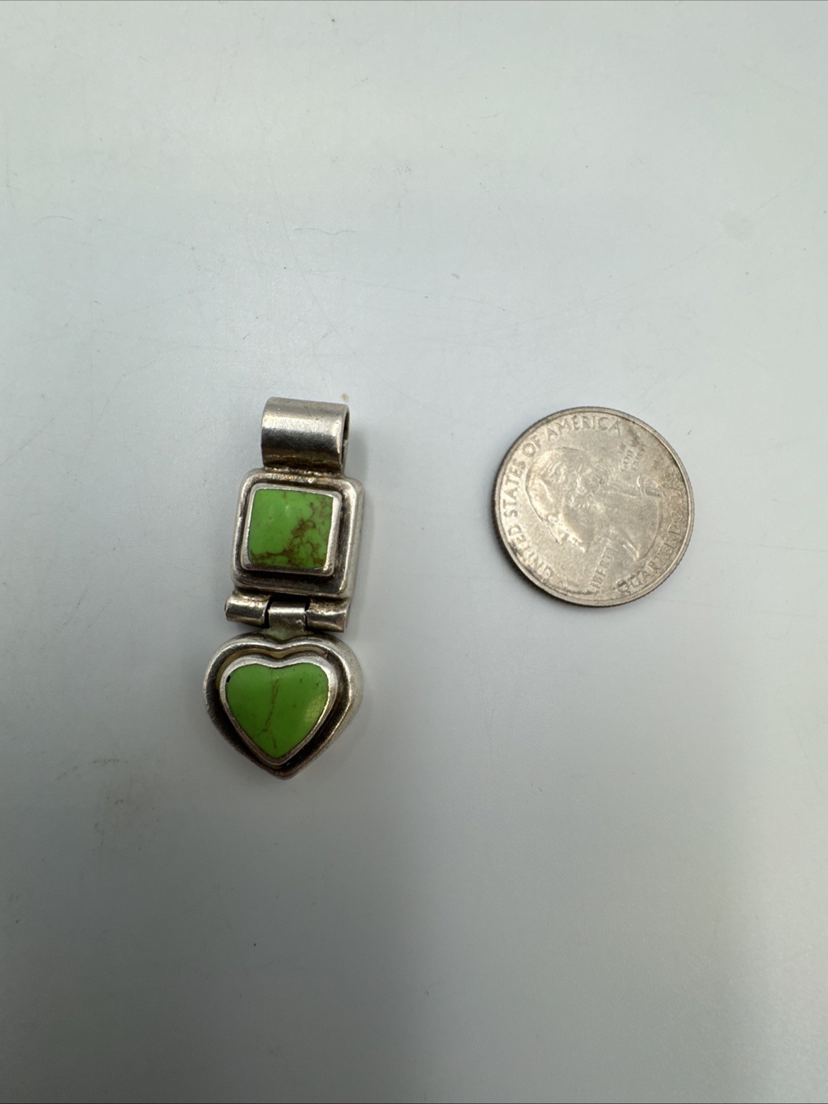 Lime Green Square & Heart Shaped Stone Vintage Sterling Silver 925 Pendant 13.2g