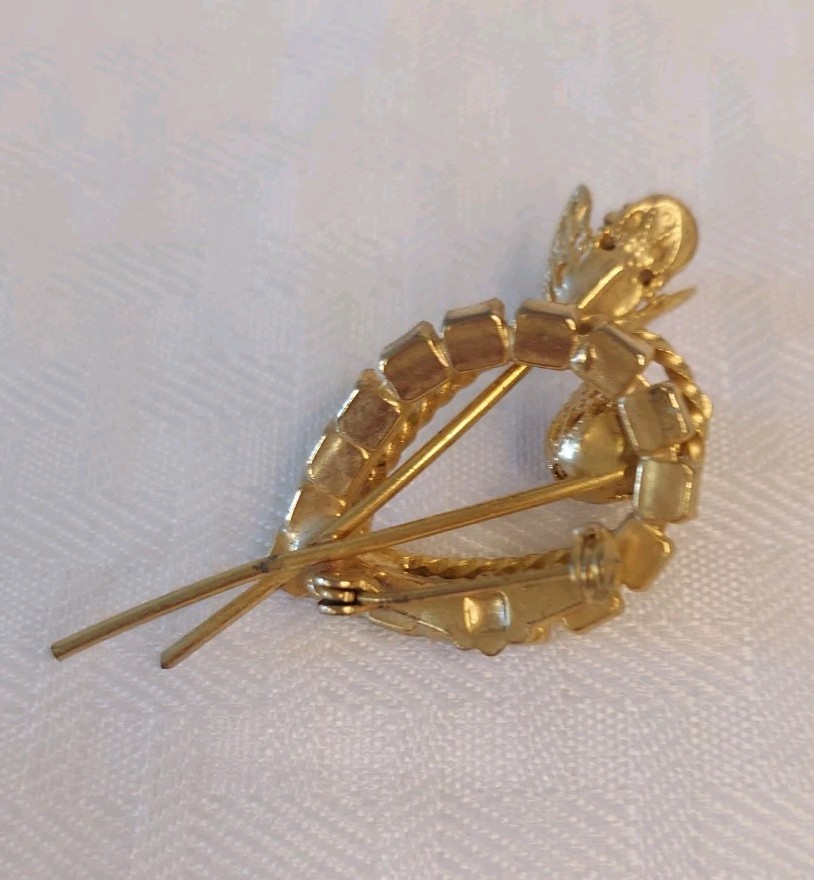 Vtg Gold-tone Lime Green Yellow Rhinestone Dual Flower Pin/Brooch Filigree