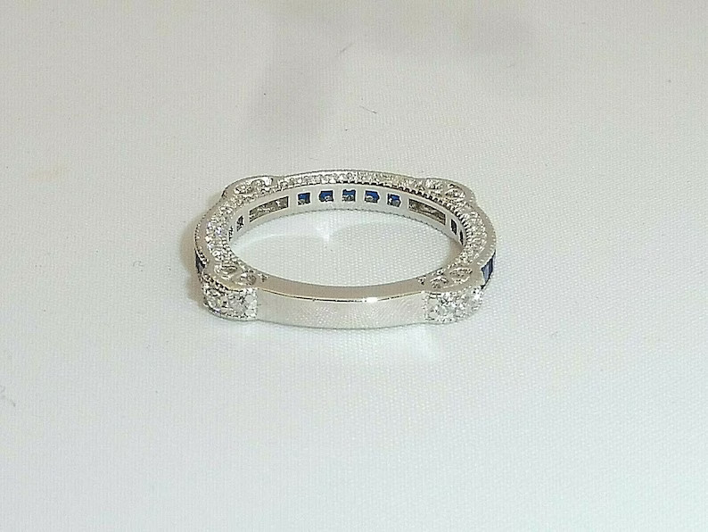 3/4 CTW Blue Princess Cut CZ Art Deco Wedding Antique Eternity Silver Band Ring