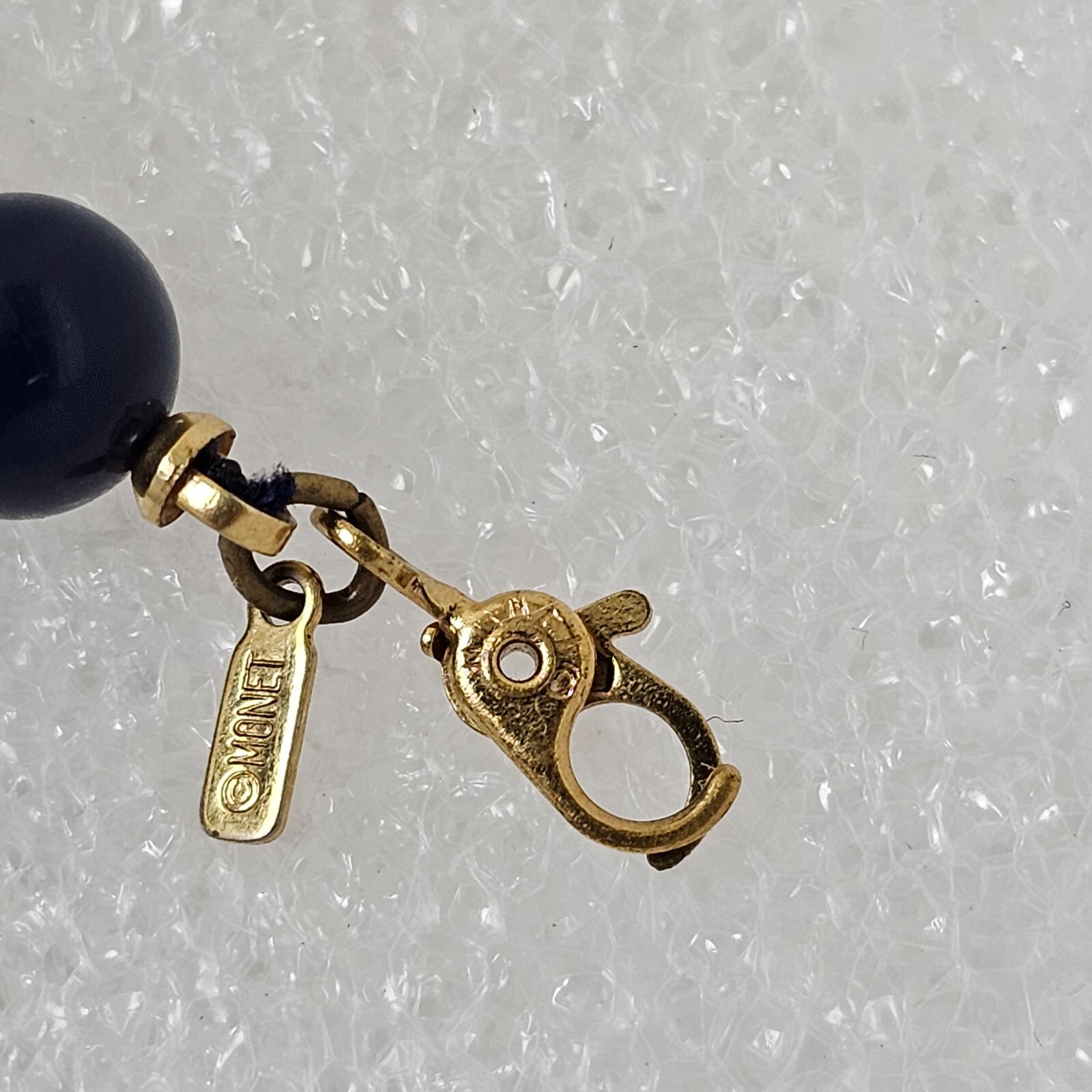 Vintage Monet Necklace Navy Blue Dainty Glass Bead Choker Hand Knot Signed 16.5″