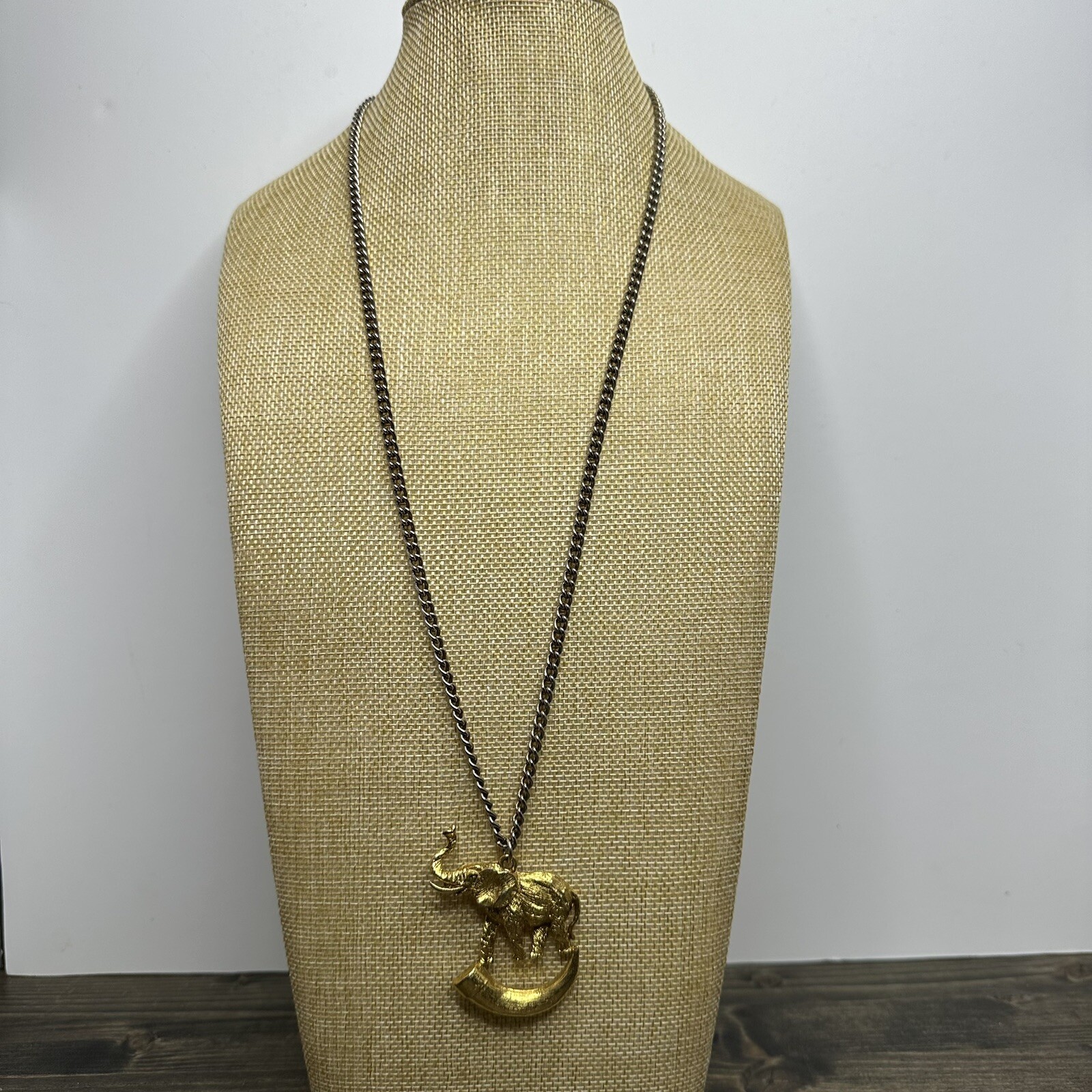 Vintage Elephant on Tusk Necklace Gold Tone Large Pendant Safari Estate Find
