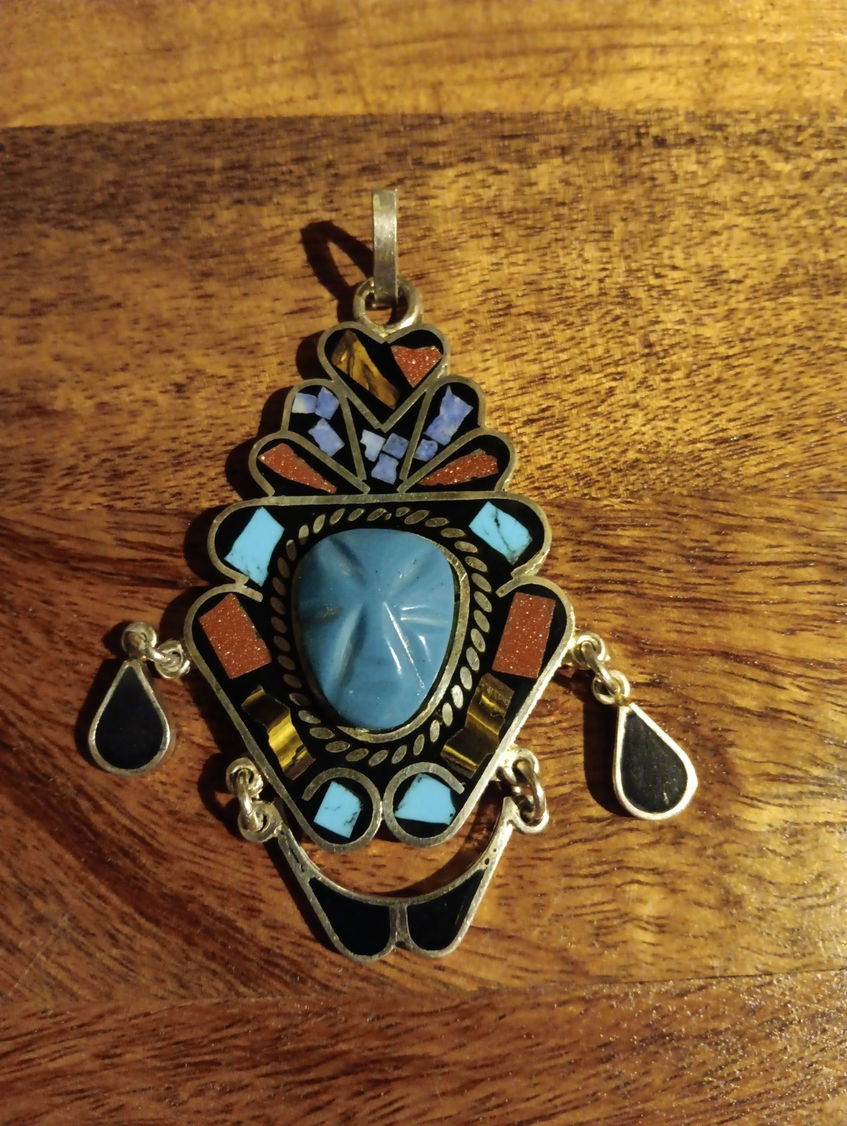 Sterling Silver 925 Mayan Aztec Warrior Inlay Turquoise Onyx Lapis Pendant