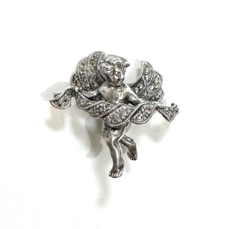Solid 925 Sterling Silver Natural Marcasite Guardian Angel Pin Brooch Vintage