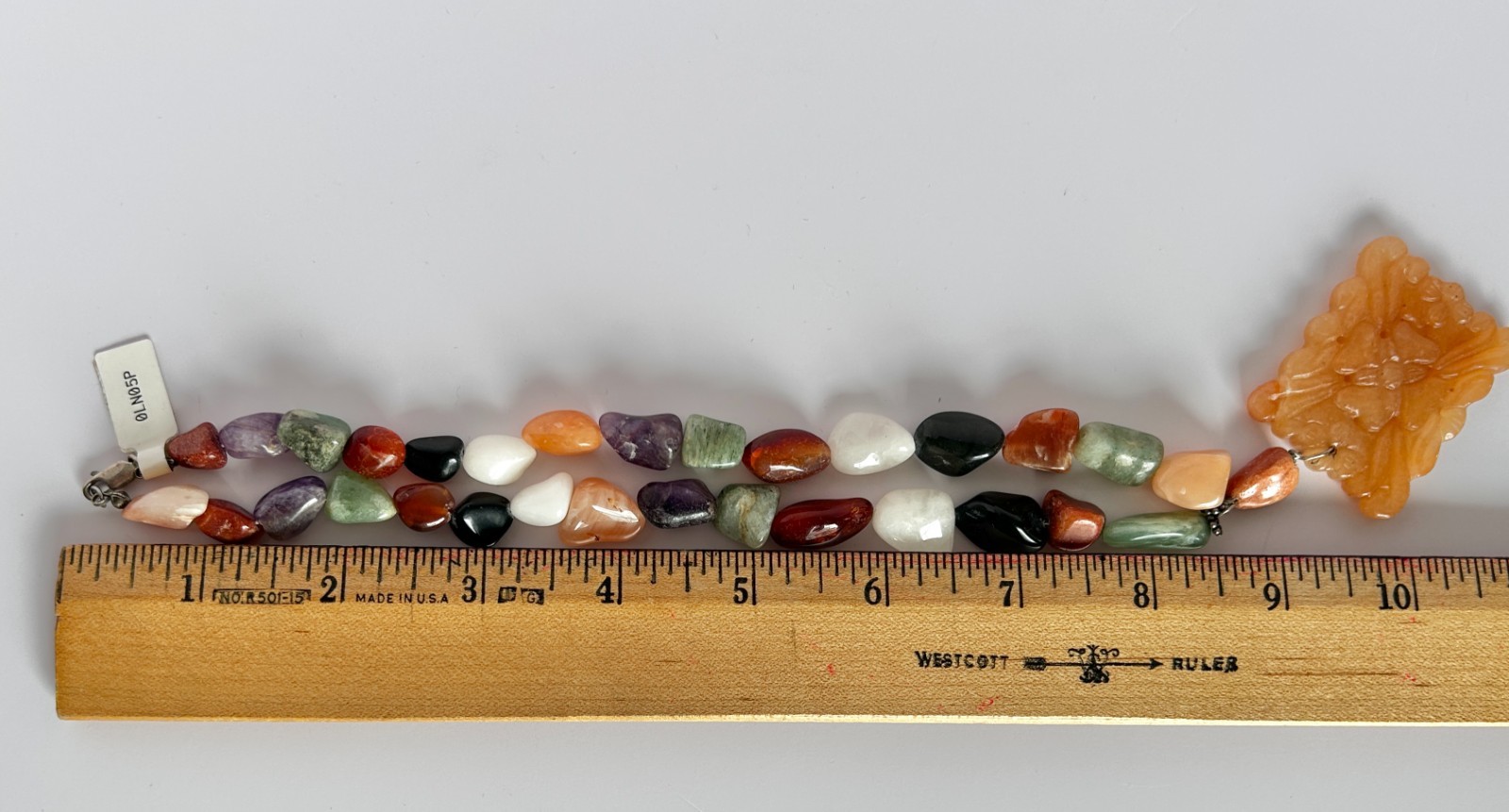 Vintage Multicolor Stone Necklace Carved Pendant Agate Jasper Quartz 18”