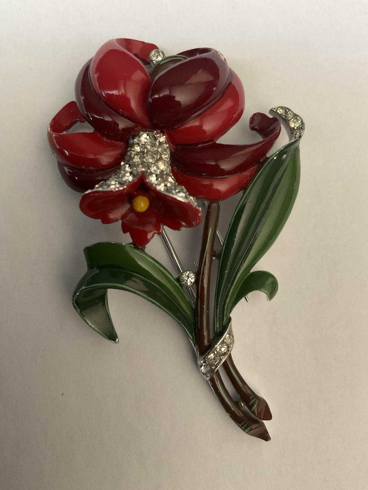 Trifari ‘Alfred Philippe’ Pave and Enamel Red Daffodil Flower Pin Fur Clip