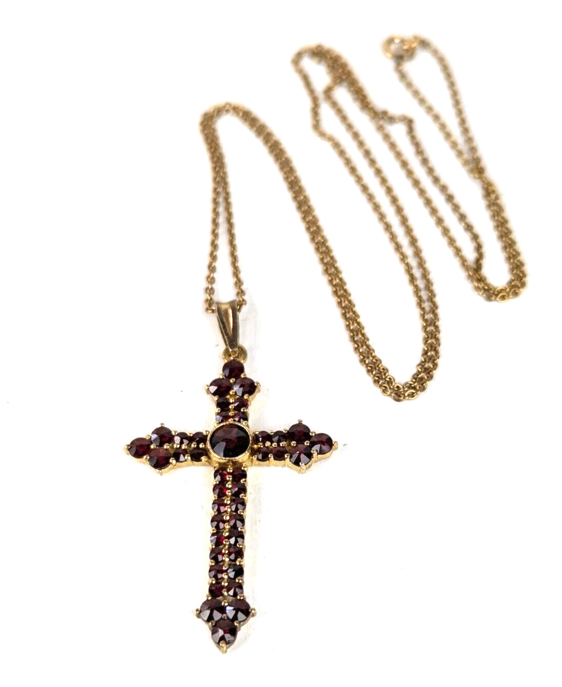 Lg Czech Bohemian Garnet Cross 900 Gilded Silver Pendant on 24″ GF 12K Chain