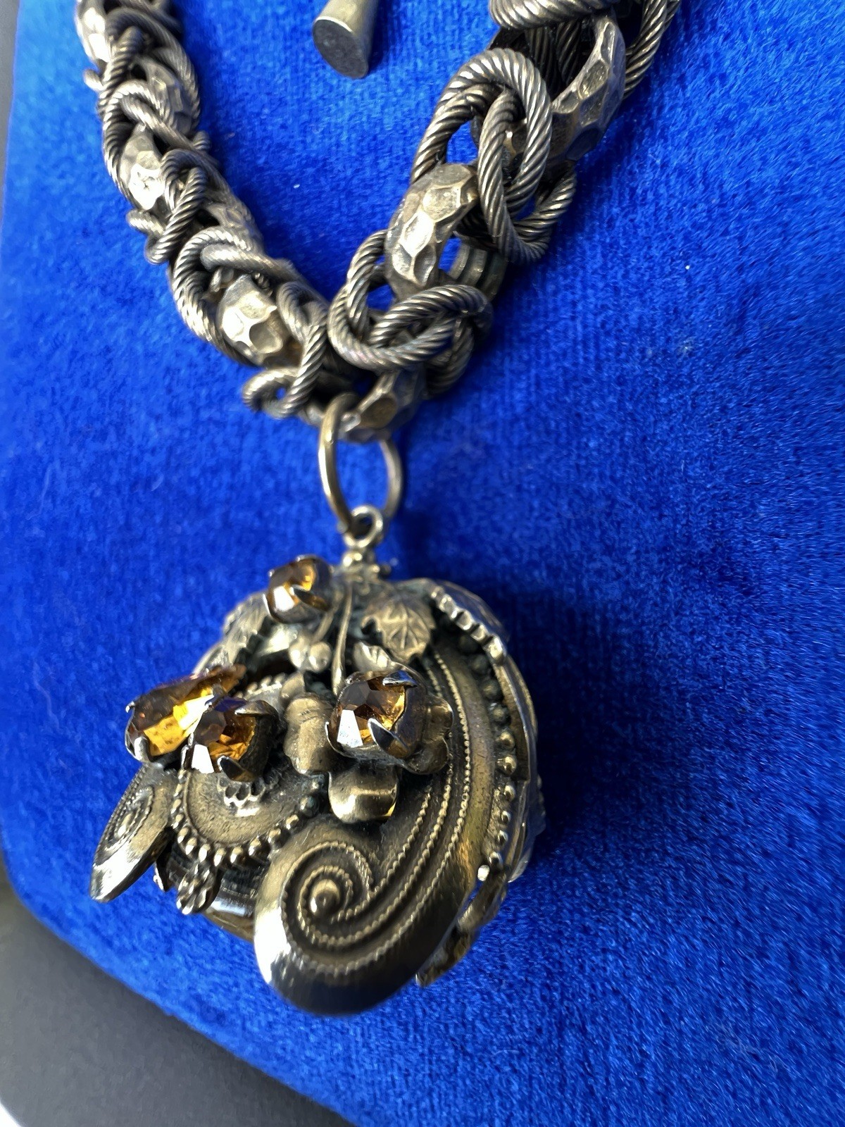 VTG HENKEL & GROSSE Victorian Revival Rhinestone & Art Glass Fob Necklace RUNWAY