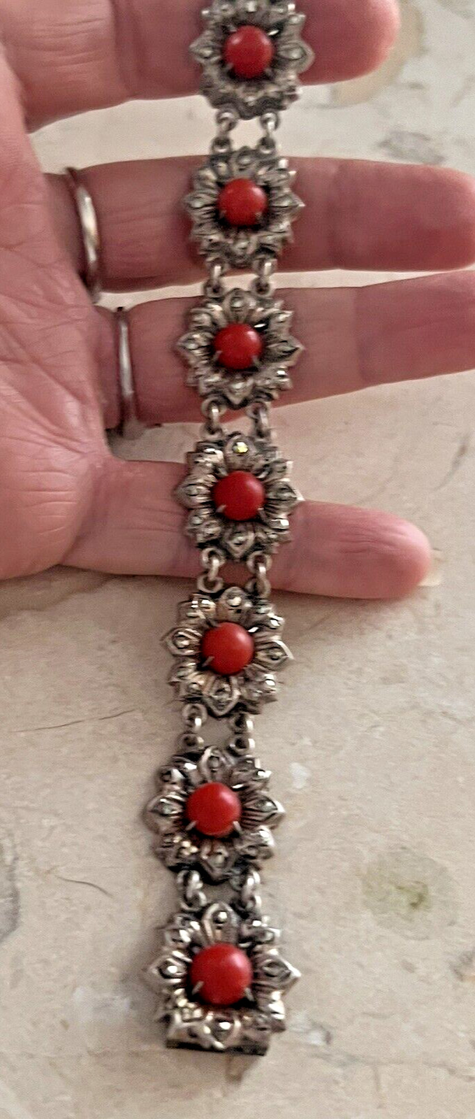 Antique Victorian 900 Silver Marcasite & Coral Link Flower Bracelet