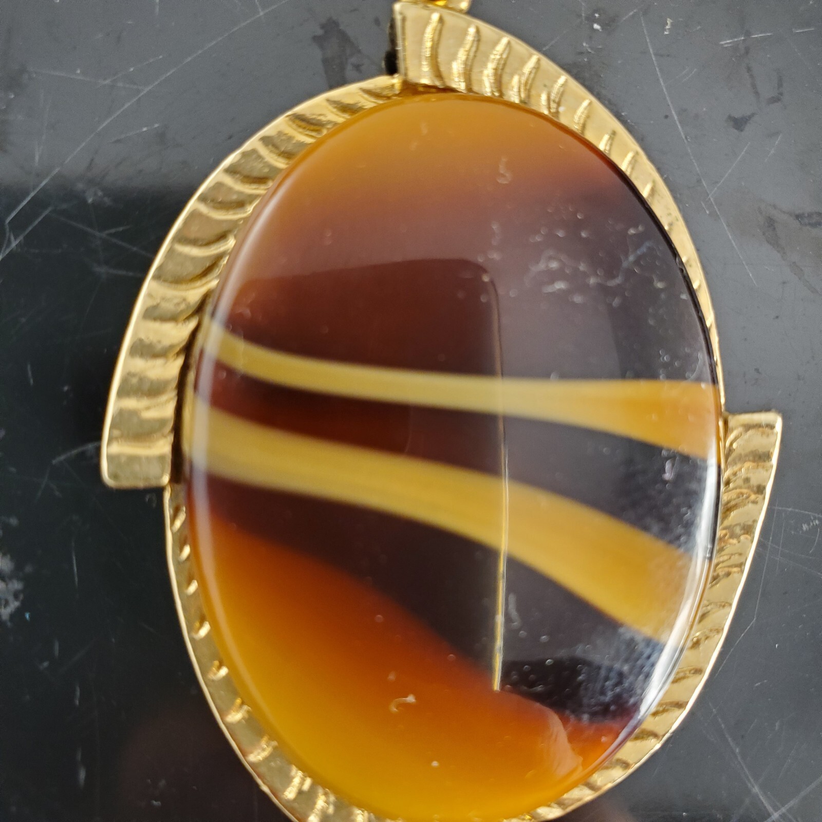 Vtg Sarah Coventry NecklacePendant only Faux Agate Brown Glass Signed MCM 70s