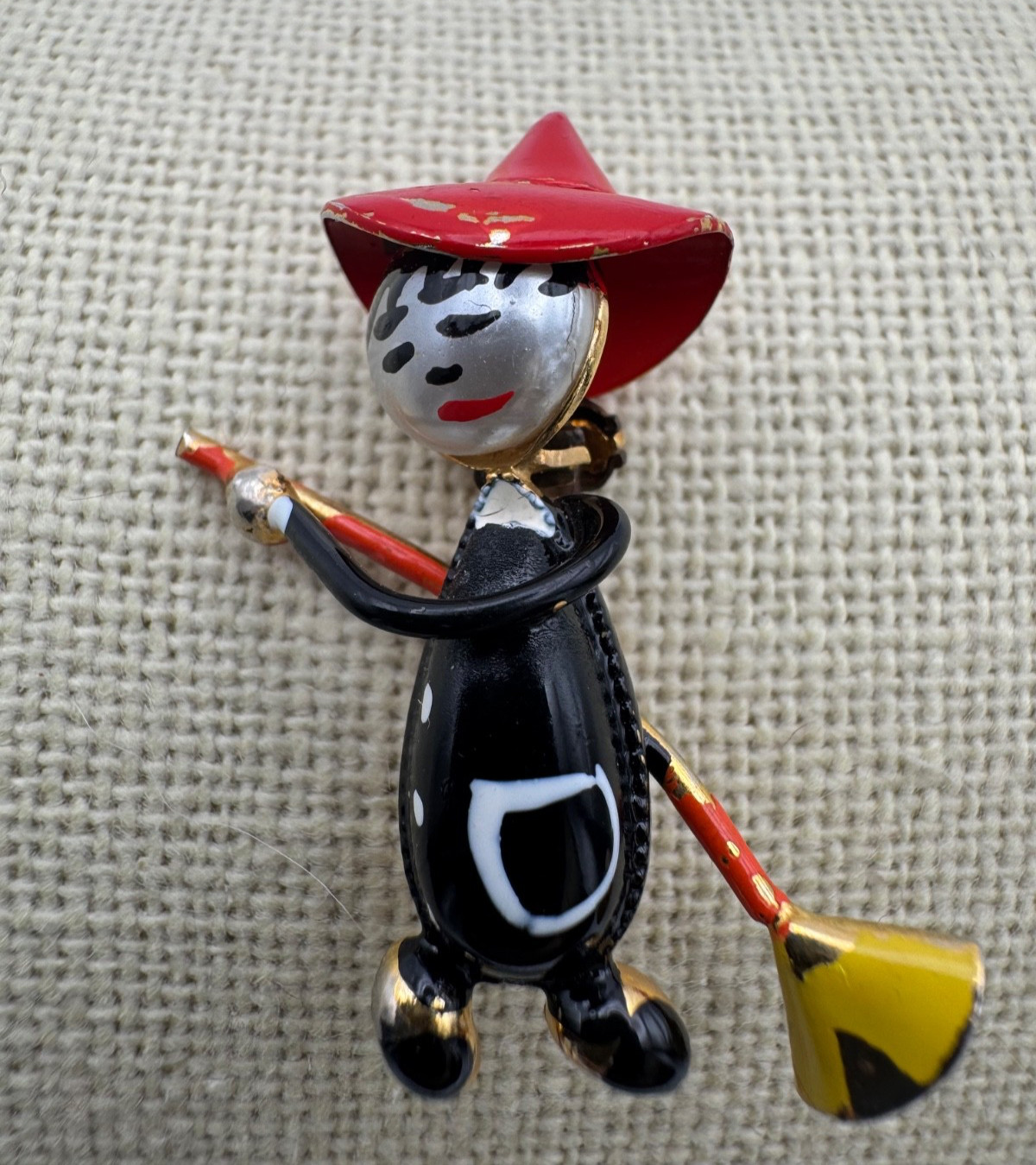 Vintage Halloween Witch Brooch Pin Red Hat Black Dress Broom Figurine