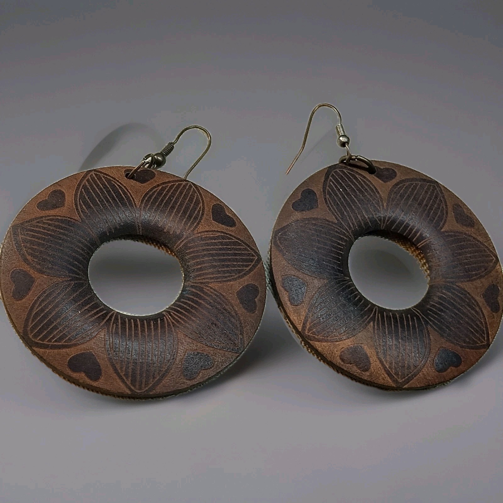 Vintage Carved Wooden Hearts And Flowers Ear Wire Earrings