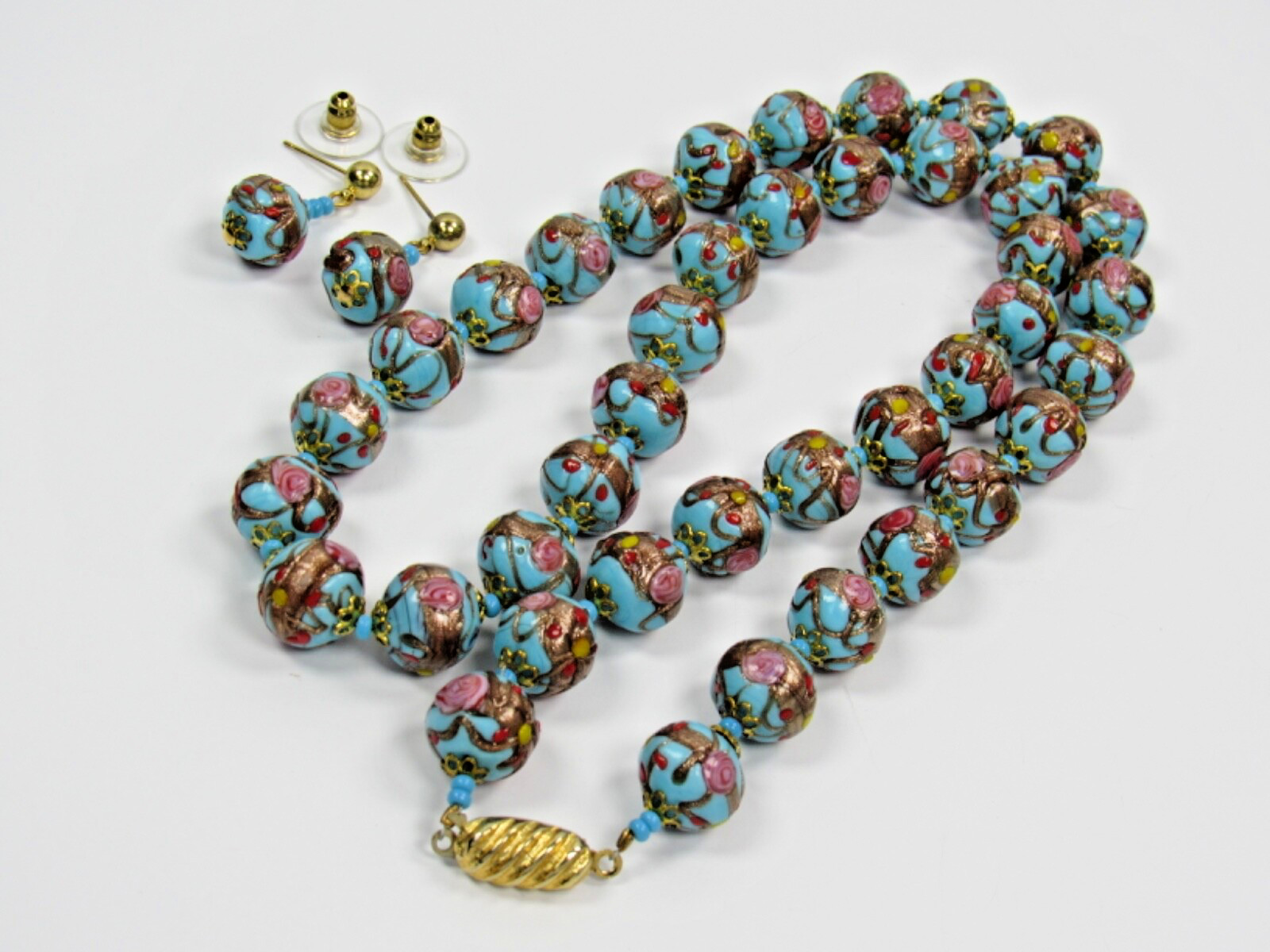 Italy WEDDING CAKE Gold Pink Red Blue Bead Strand NECKLACE Pierced EARRINGS SET