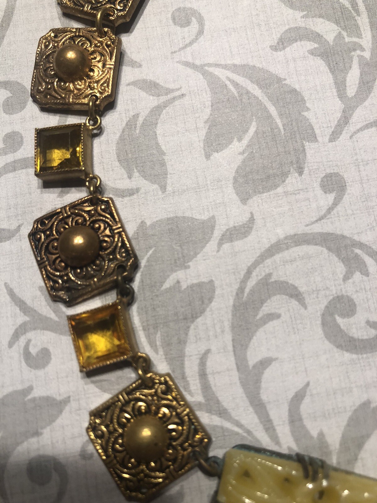 Atq Art Deco Czech Signed Vaseline Topaz Glass Asian Crane Panel Necklace-Estate