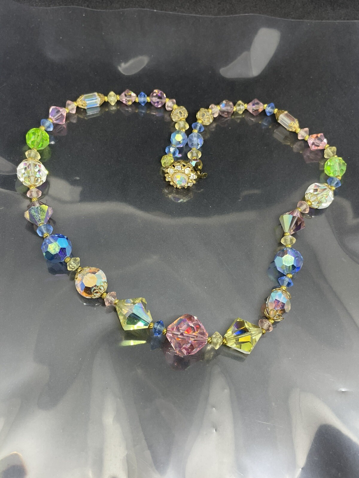 Vintage Japan GoldTone Multicolor Glass Faceted Beads 19” Collar Necklace