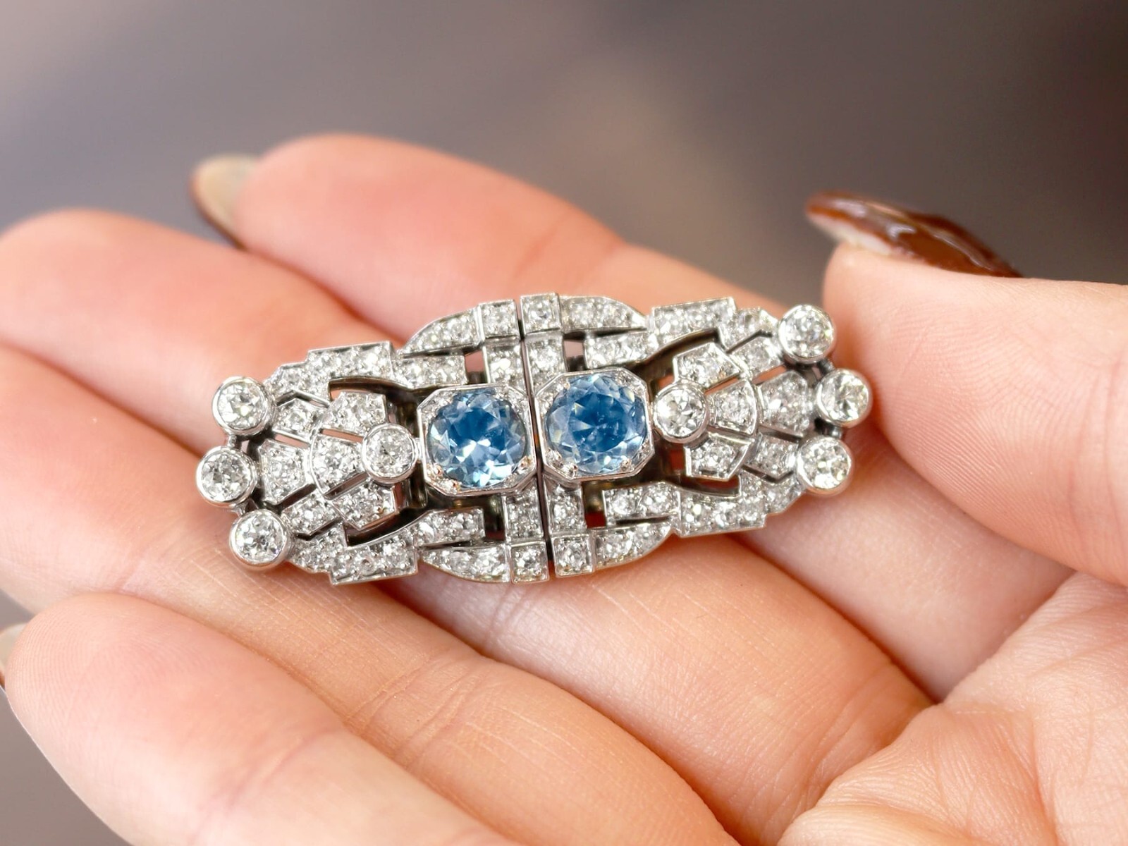 1.52Ct Aquamarine and 2.92Ct Diamond, 18k White Gold Double Clip Brooch