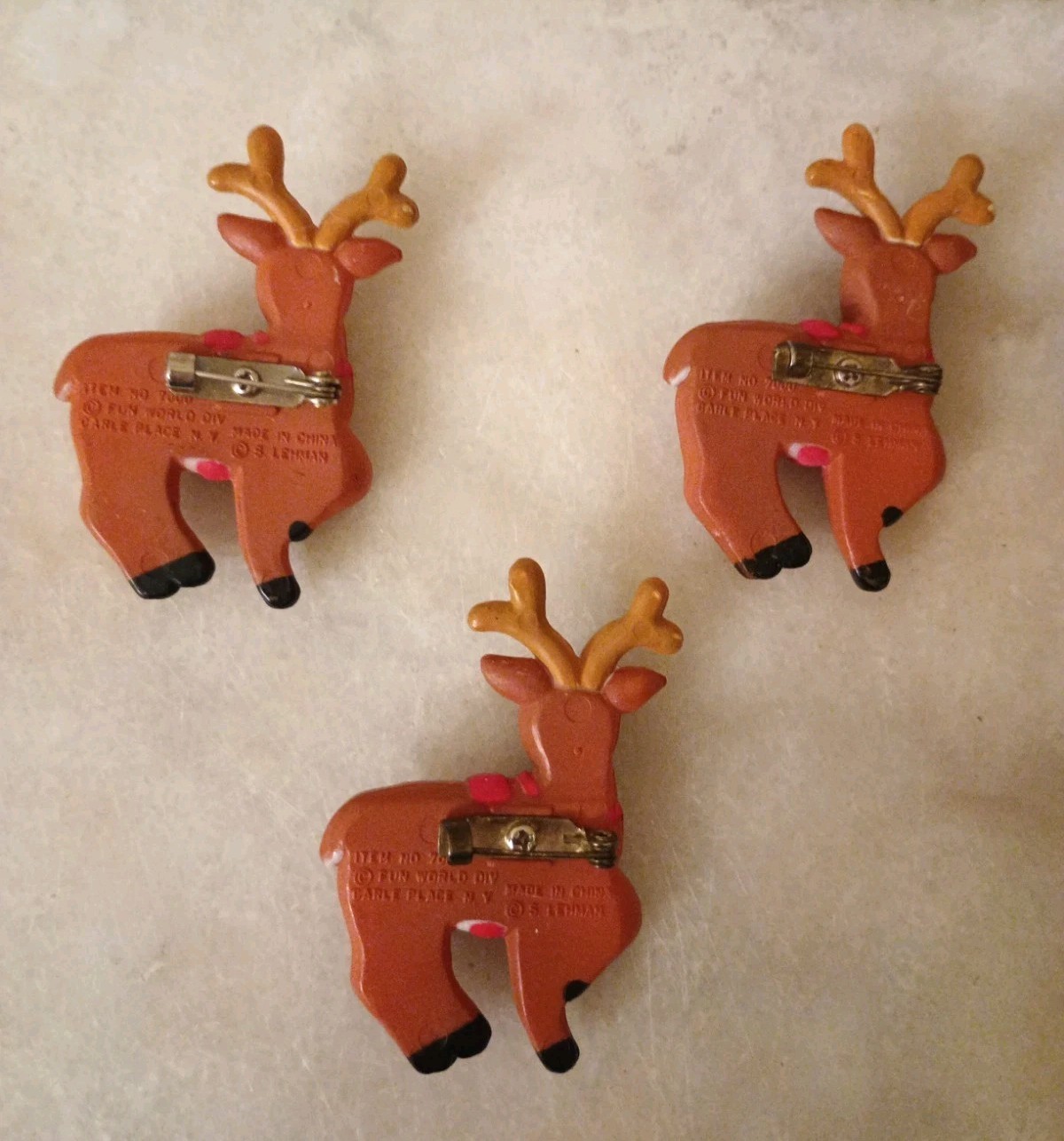 Lot of 3 Christmas Reindeers FUN WORLD Vintage Plastic Pins Brooch